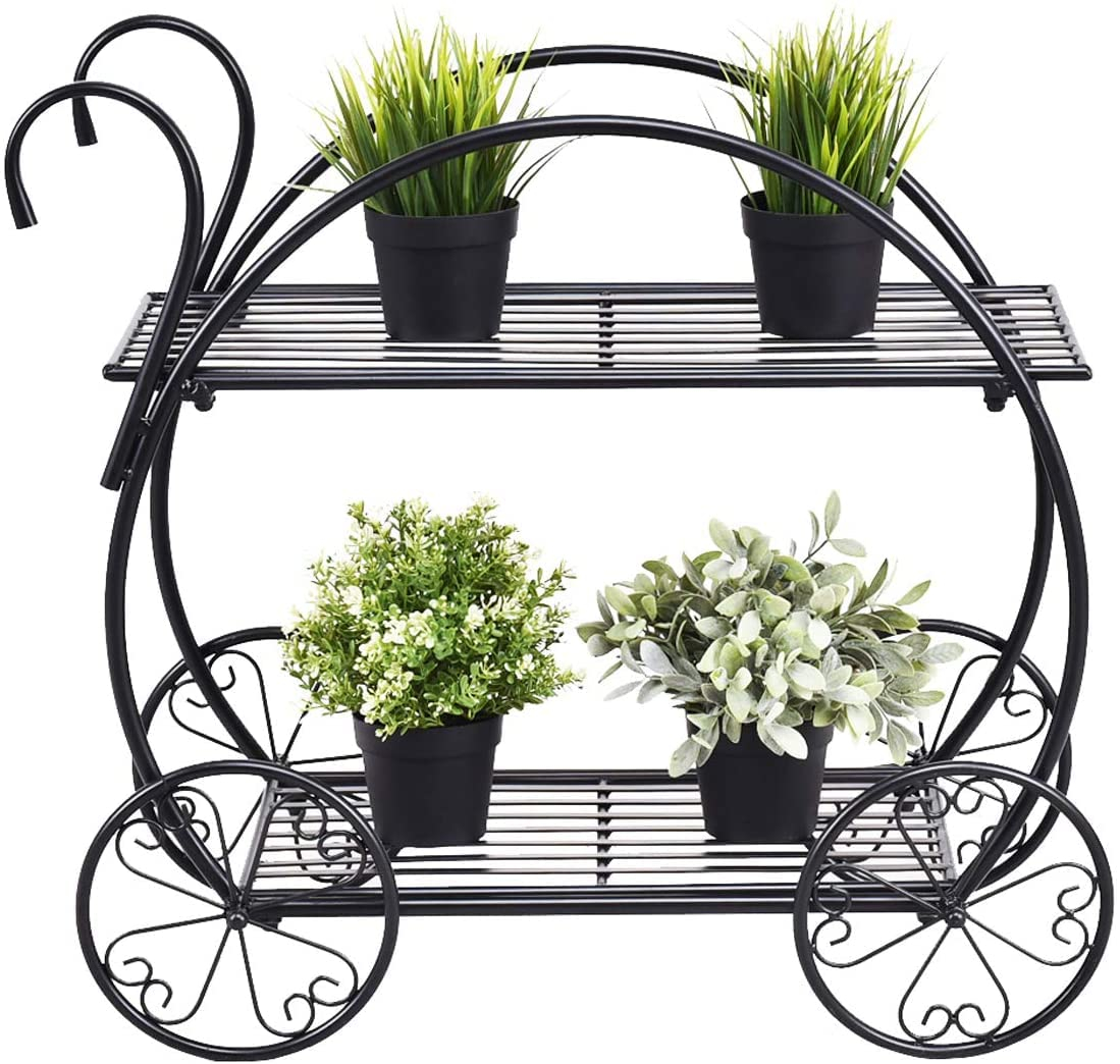 GRAFFY Metal Plant Stand, 2 Tiered Garden Cart Shelf with 4 Decorative Wheels, Parisian Style Flower Pot, Holder Display Shelf for Home Patio Garden Flower Shop