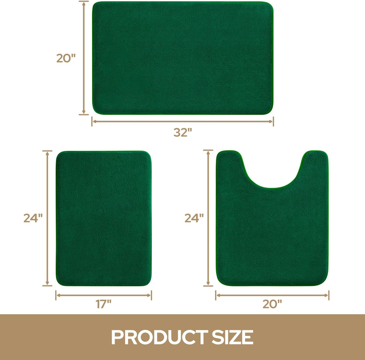 HOMEIDEAS Upgraded Bathroom Rugs Set 3 Piece, Extra Thick Absorbent Soft Memory Foam, Washable Toilet Bath Mat (Dark Green,17"x24"+20"x32"+U Shape 20"x24")