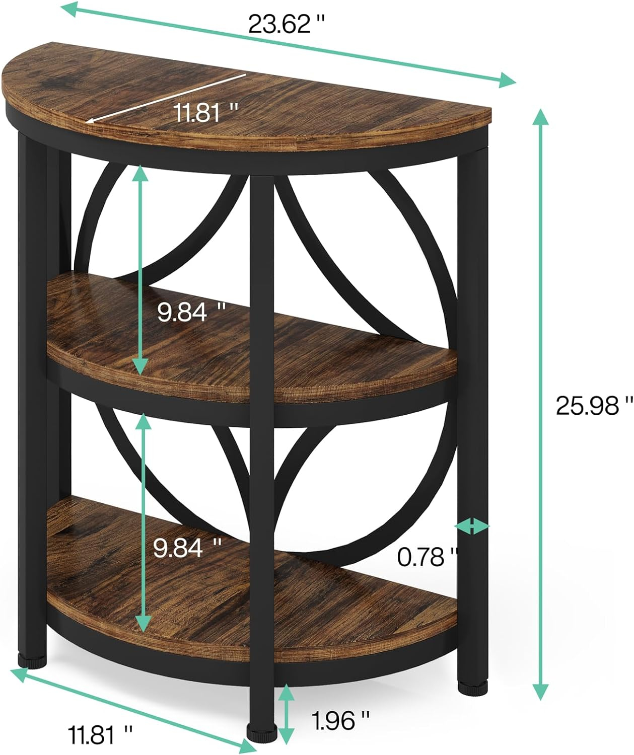 LITTLE TREE Half Round End Table, 3-Tier Narrow Side Table with Metal Frame, Half Circle Table, Half Moon Small Coffee Accent Table Bedside Table for Living Room, Bedroom