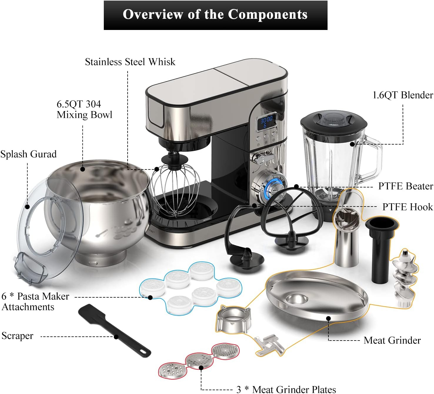 6-IN-1 Stand Mixer, LCD Display Kitchen Electric Mixer, 6.5QT Stainless Steel Bowl Mixer, Multi-Function Kitchen Mixer With Dough Hook, Whisk, Beater, Meat Grinder, Blender, Splash Guard