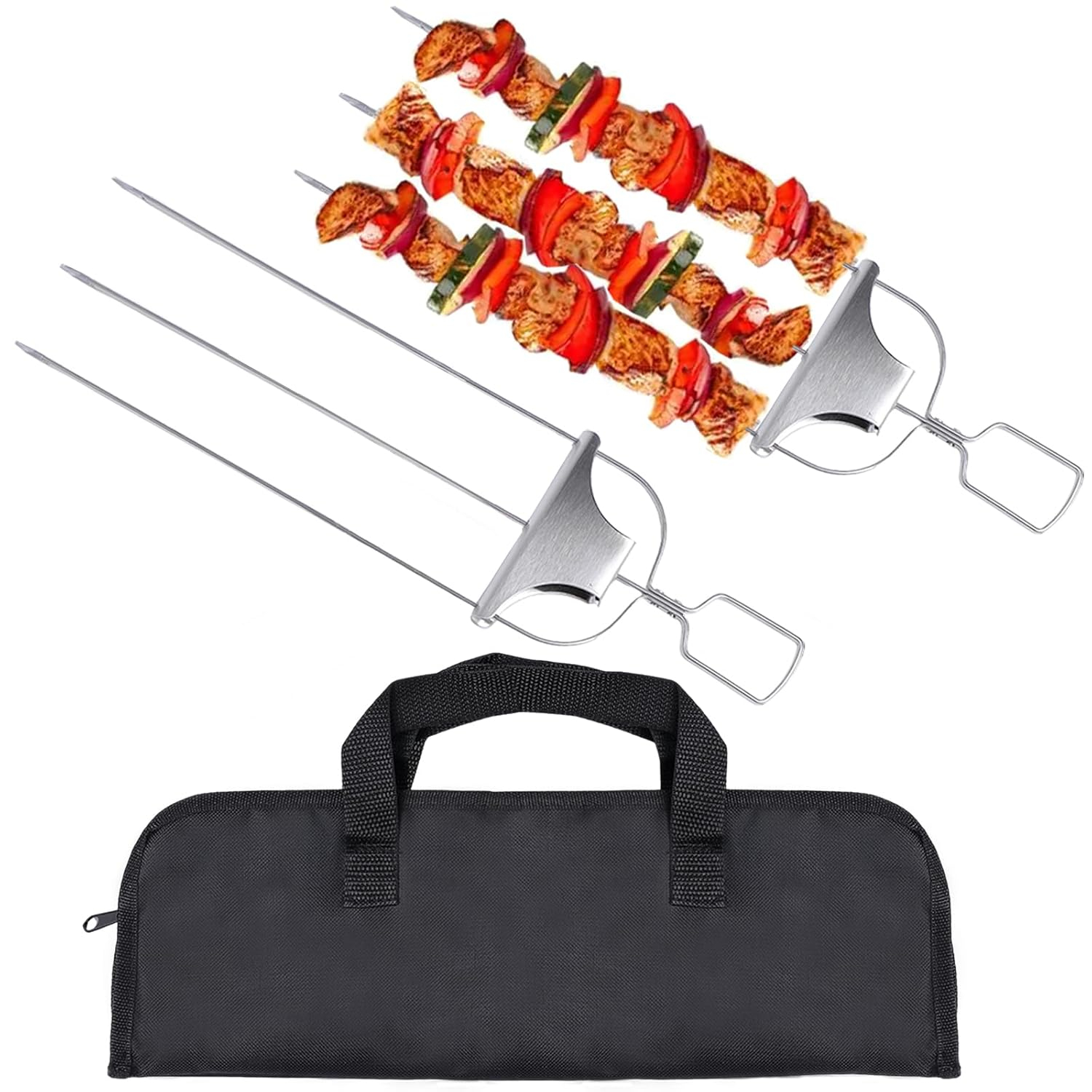 Skewers for Kabobs Set of 2, 14 Inch 3-Prongs Metal Kabob Skewer Stainless Steel Flat Sticks with Slider for Grilling Meat, Veggies, Sausages, Reusable Shish Kebab Skewers with Storage Bag
