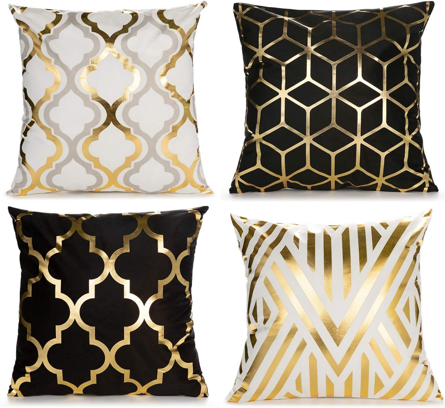 Efavormart Set Of 4 | 18" Black/Gold Foil Geometric Print Throw Pillow Covers, Velvet Square Sofa Cushion Covers