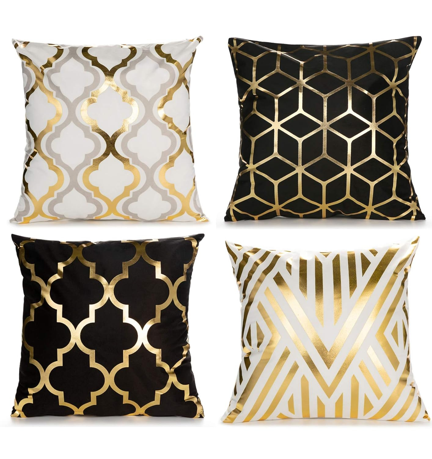 Efavormart Set Of 4 | 18" Black/Gold Foil Geometric Print Throw Pillow Covers, Velvet Square Sofa Cushion Covers