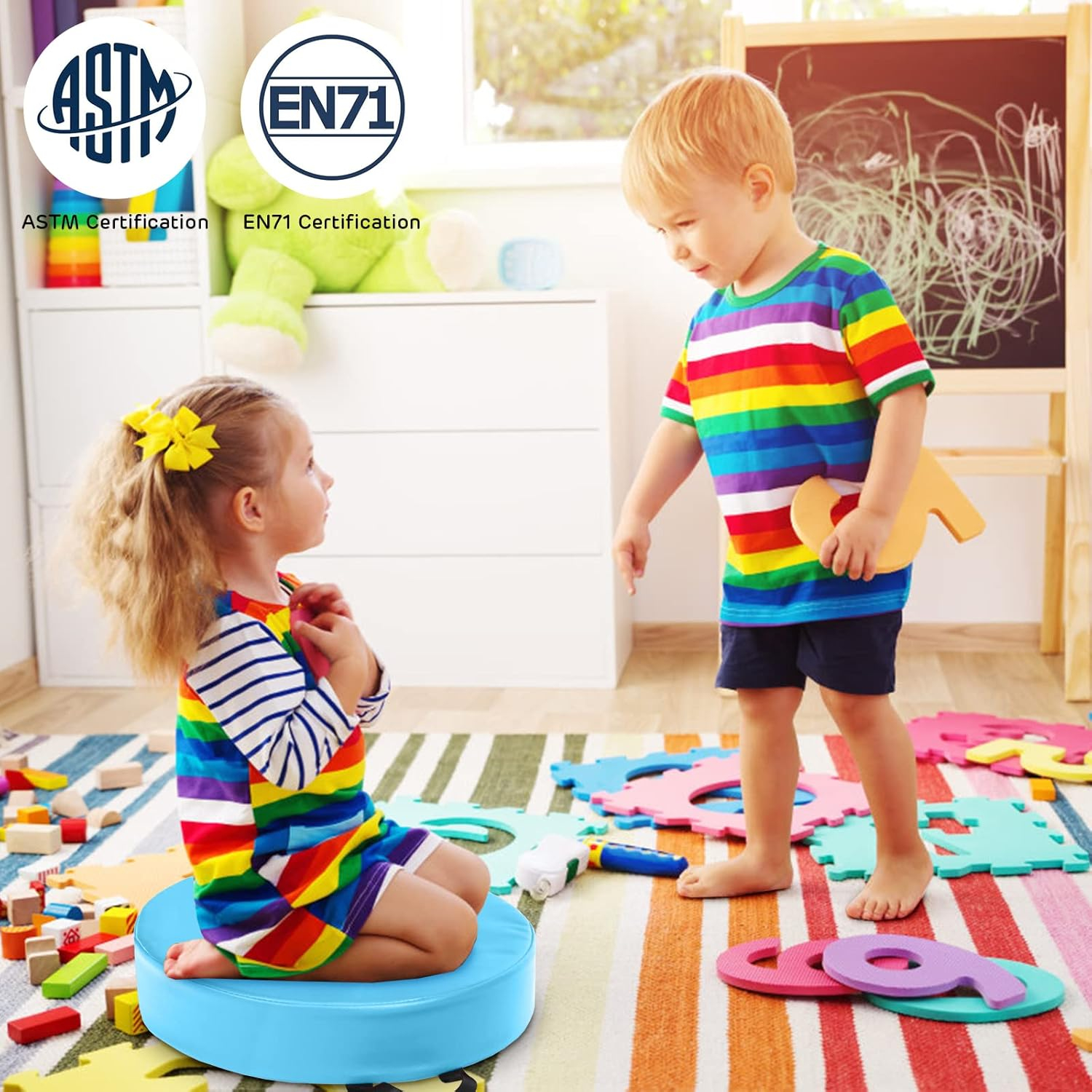 KOTEK 6 Pcs 15'' Kids Floor Cushions with Handles, Thick Foam Circle Floor Seats, Soft Flexible Seating for Classroom Elementary, School, Daycare, Kindergarten, Preschool & Playroom (3'' Round, Blue)