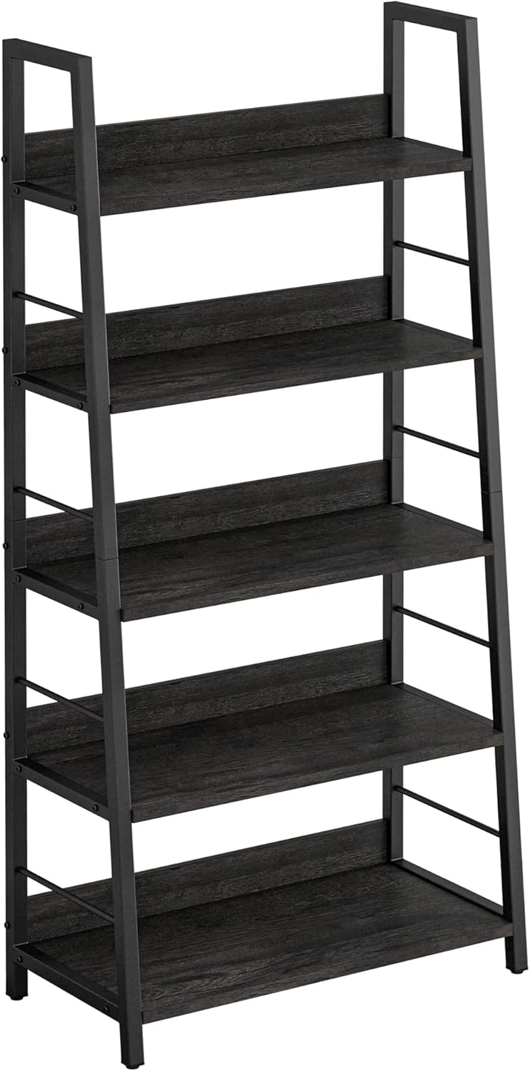 IRONCK Industrial Bookshelves and Bookcases, Ladder Shelf 5 Tier with Metal Frame for Living Room, Home Office, Charcoal Grey