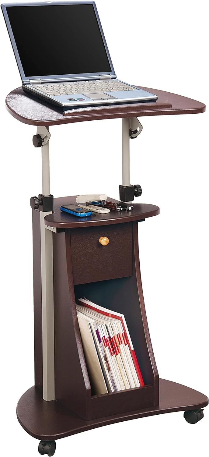 Techni Mobili Sit-to-Stand Rolling Adjustable Laptop Cart With Storage, Chocolate, RTA-B005-CH36