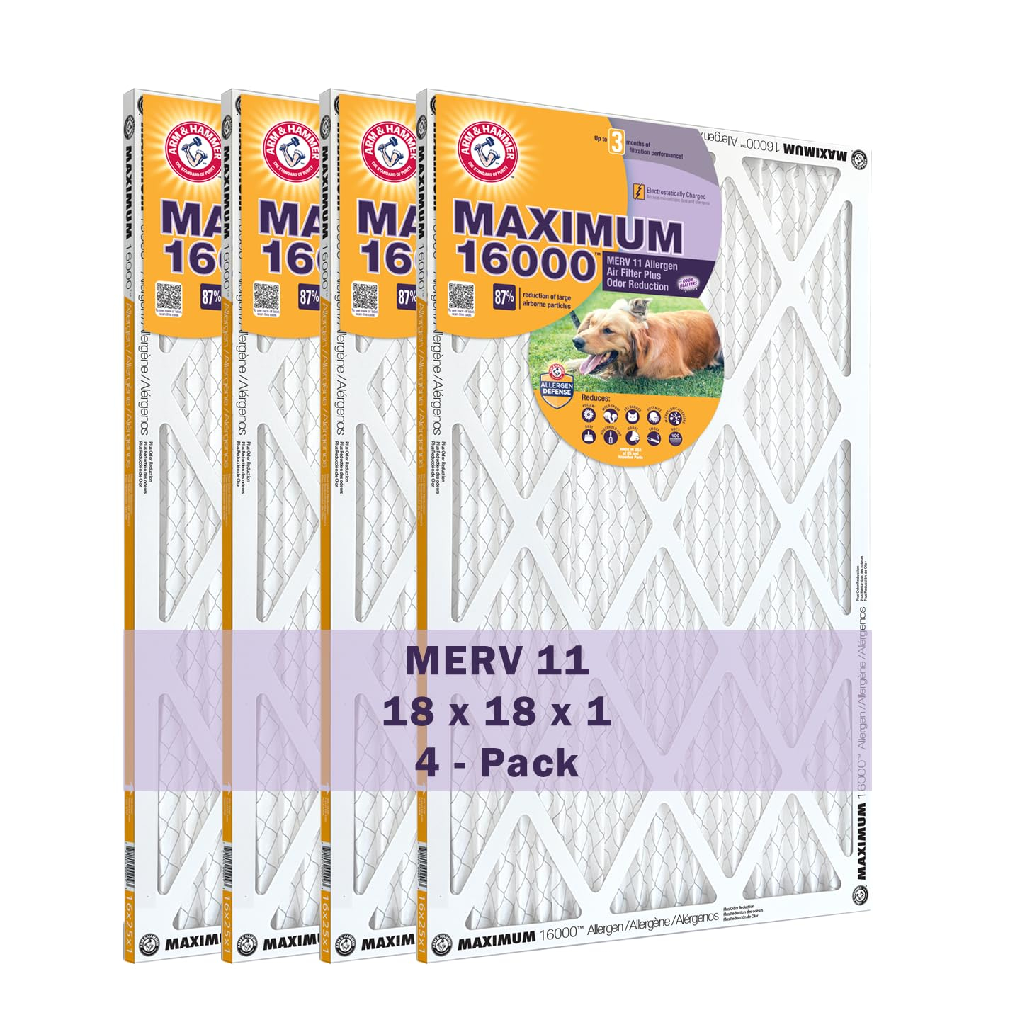 18x18x1 Arm & Hammer Maximum 16000 Allergen Odor Air Filters (MERV 11) (4-Pack)
