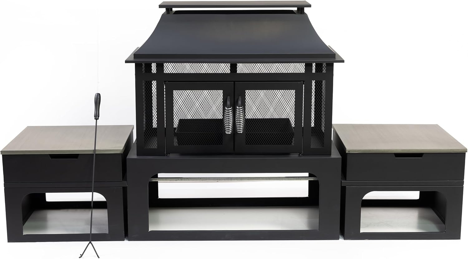 Deko Living Steel Woodburning Fireplace with Log Storage Compartment & Side Tables