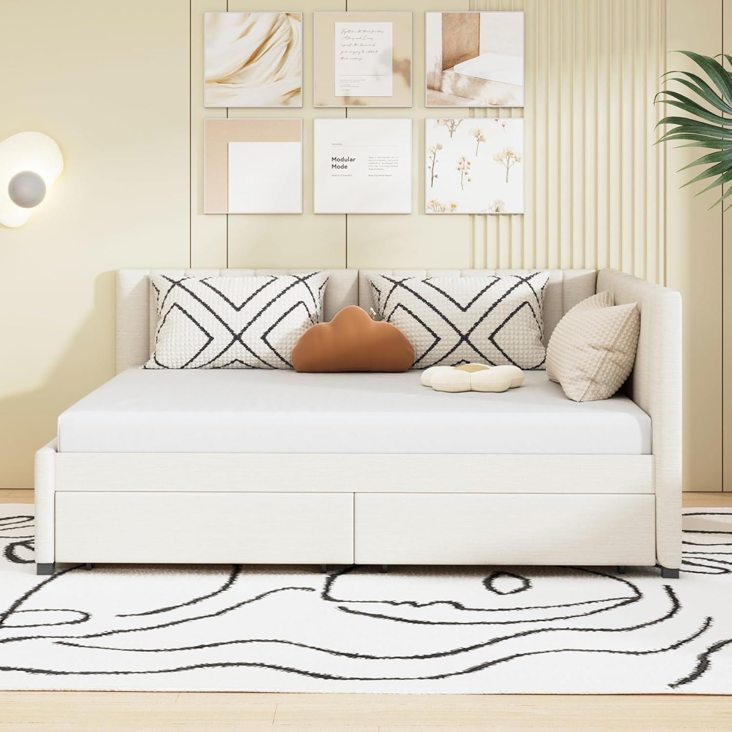 Full Size Daybed with 2 Storage Drawers,L-Shaped Upholstered Linen Fabric Sleeper Sofa Bed Couch,No Box Spring Needed for Kids Girls Adults,Beige