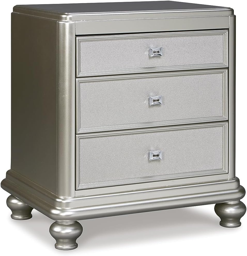 Signature Design By Ashley Coralayne Glam 3 Drawer Nightstand With Faux Shagreen Drawer Fronts, Silver