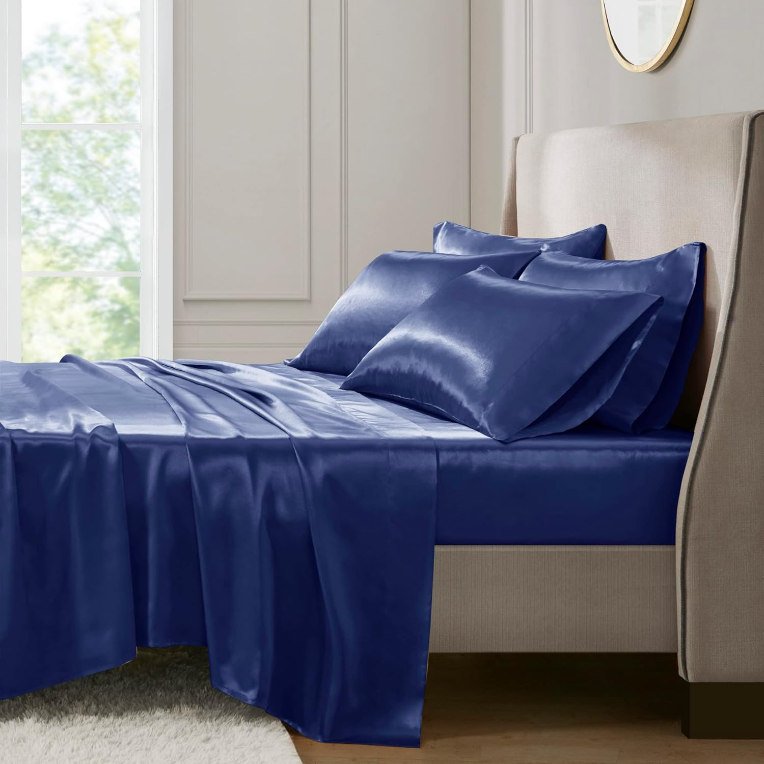 Madison Park Essentials Satin Sheet Set Luxury and Silky with Natural Sheen, Elastic 14" Pocket fits up to 16" Mattress, All Around Elastic - Year-Round Bedding, Cal King, Navy, 6 Piece