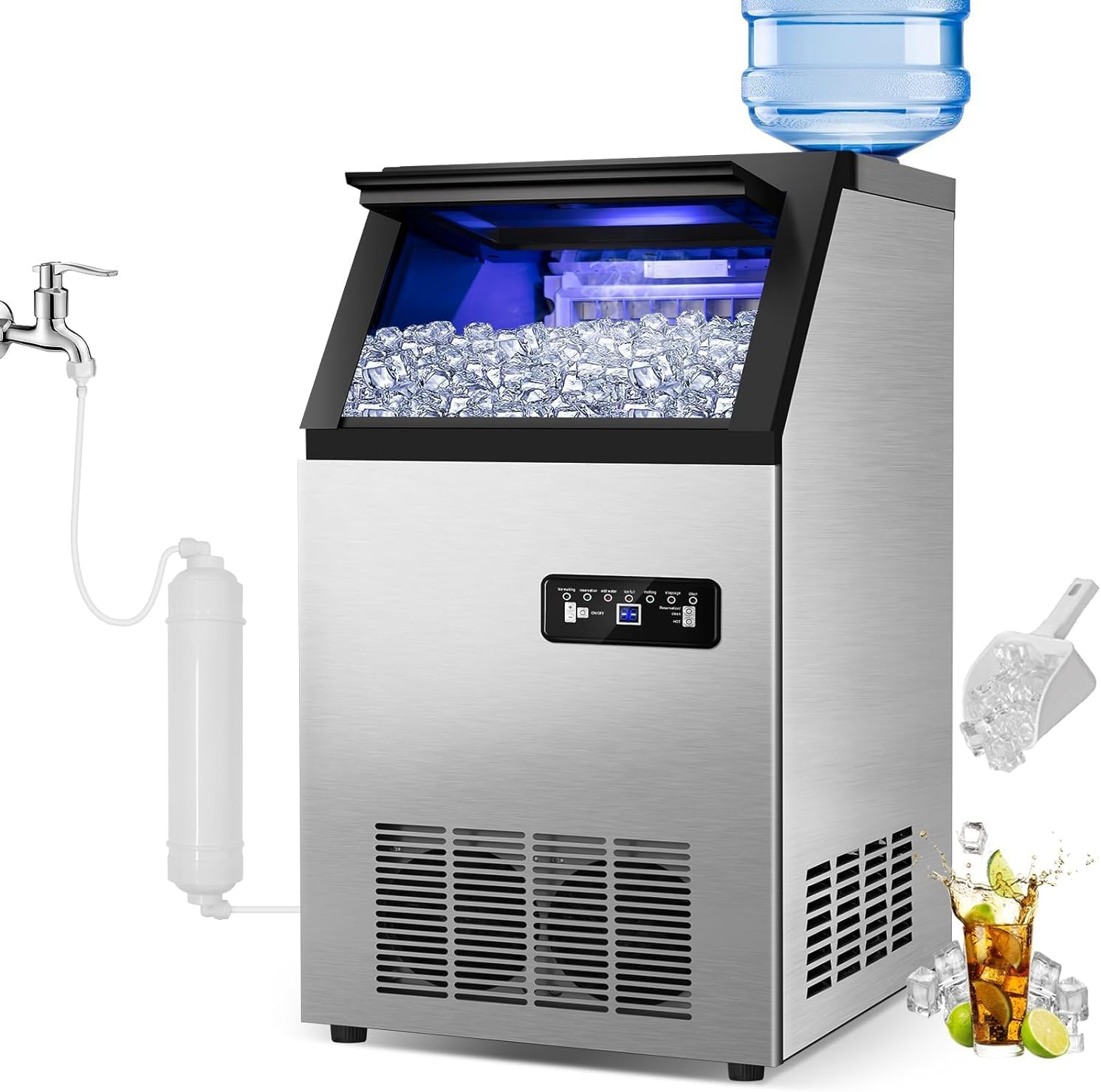 Commercial Maker 120 lb./24 H Freestanding Ice Maker Machine with 35 lbs. Storage, 2 Water Inlet Modes, Stainless Steel
