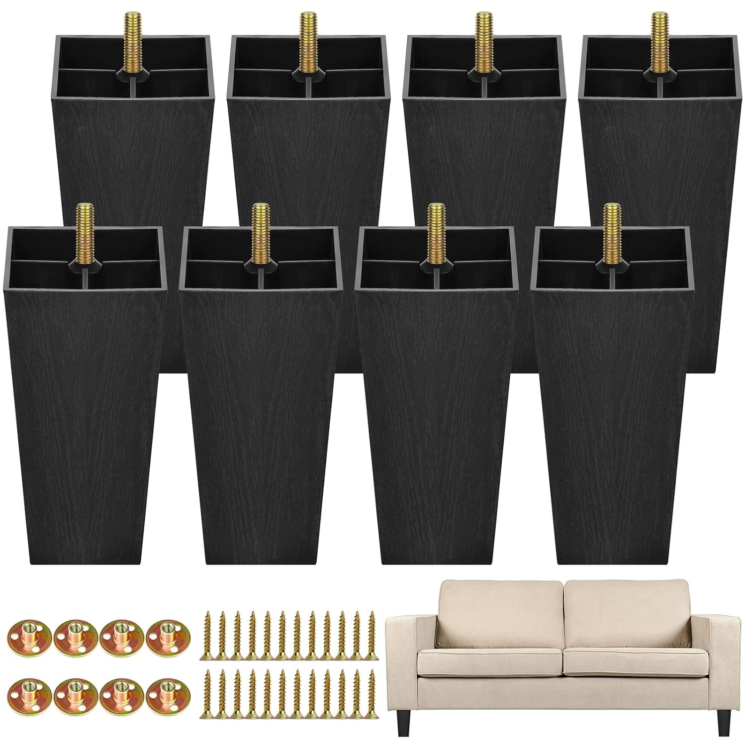 TURSTIN 8 Pack 5.7 Inch Furniture Legs Plastic Sofa Coach Legs Square Tapered Feet Sofa Legs with T-Nuts Screws for Legs Sofas Chairs Cabinets Dressers Beds, Black