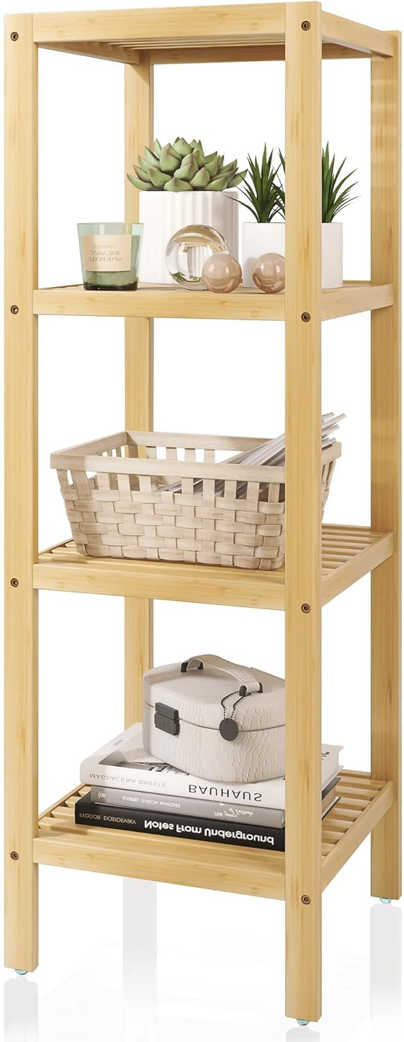 4-Tier Bamboo Bathroom Shelf, Narrow Shelving Unit, Multifunctional Storage Rack, Corner Rack, for Kitchen, Living Room, Bedroom, Entryway, Bathroom, Natural UBCB54Y