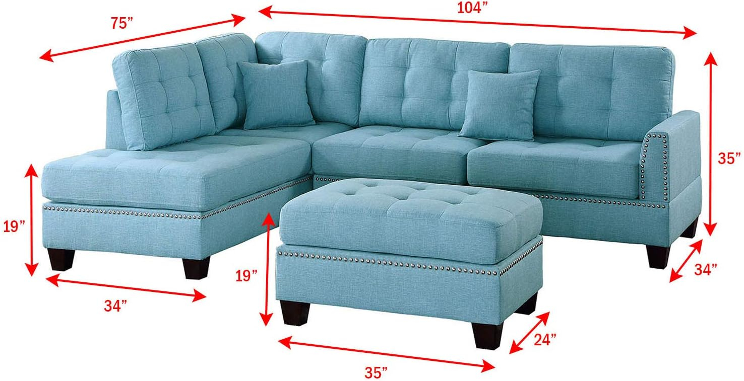 Bobkona Adolph Reversible Sectional Set with Ottoman in Light Blue.