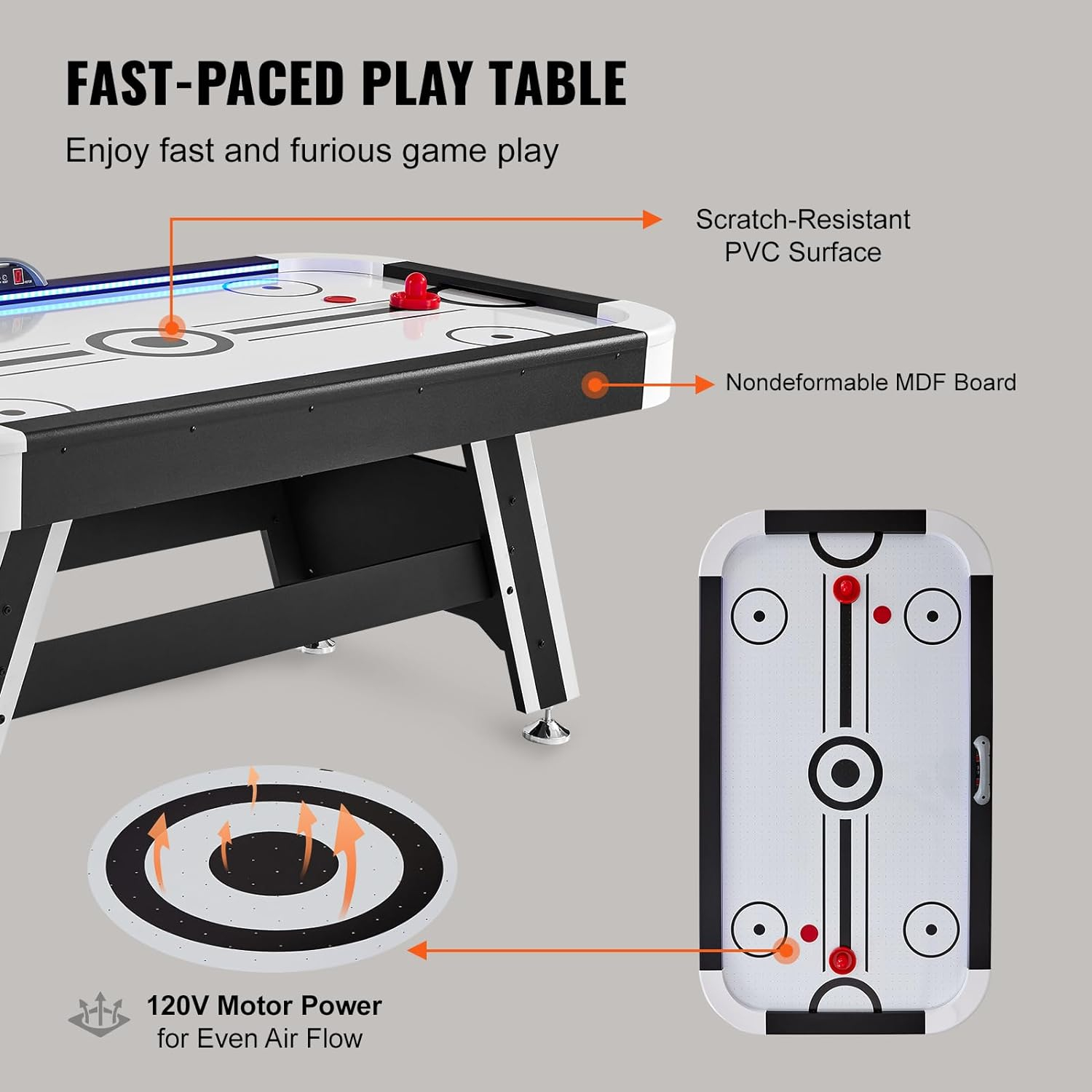 VEVOR 72" Air-Powered Hockey Table, Indoor LED Hockey Game Set with 2 Pucks, 2 Pushers, and Electronic Score System - Ideal for Kids, Adults, and Family Game Rooms