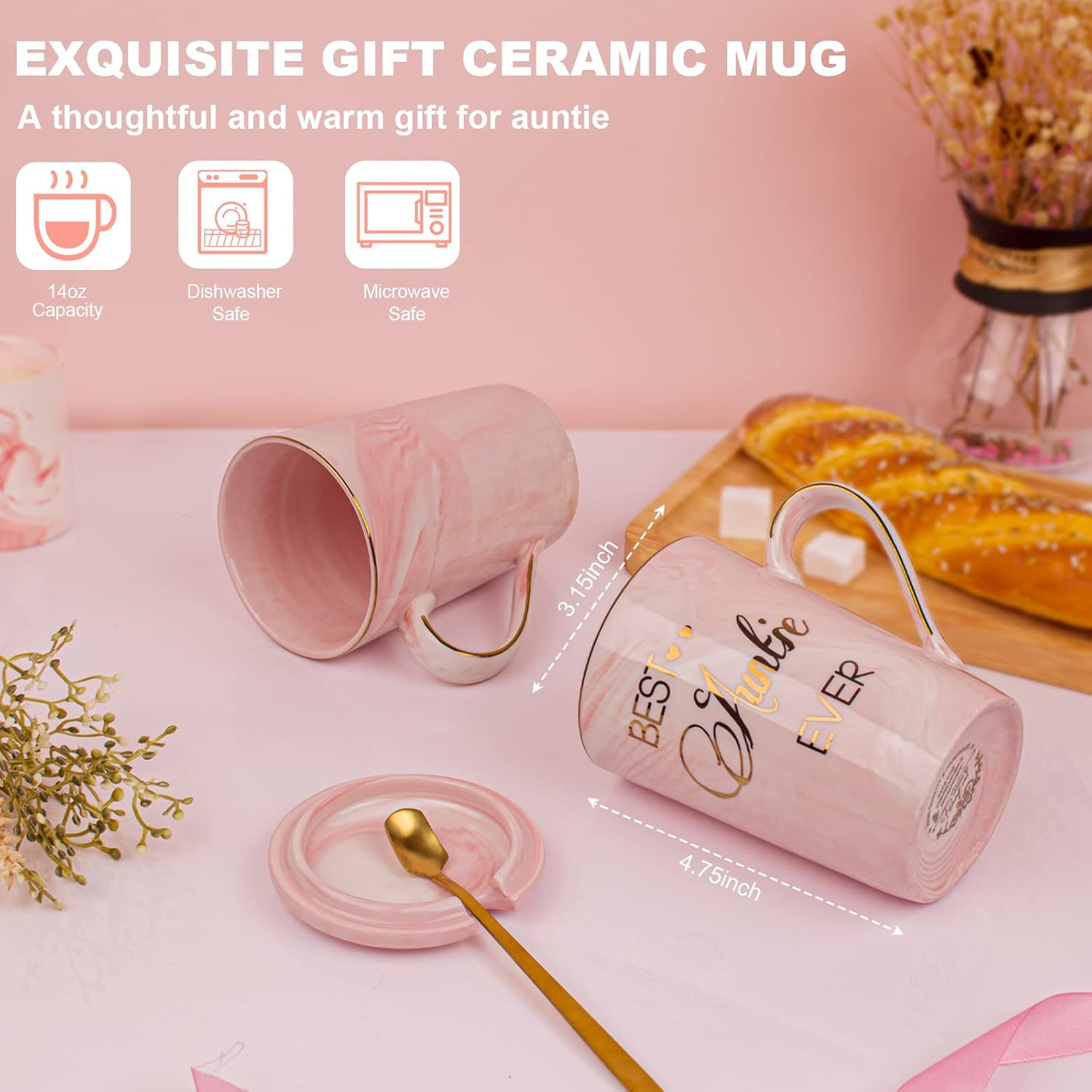 Aunt Gifts from Niece, Nephew - Best Aunt Ever Gift Mug - Happy Birthday Mothers Day Gifts for Auntie - Marble Ceramic Auntie Coffee Mug Gifts Box Printed Gold 14 Oz Pink