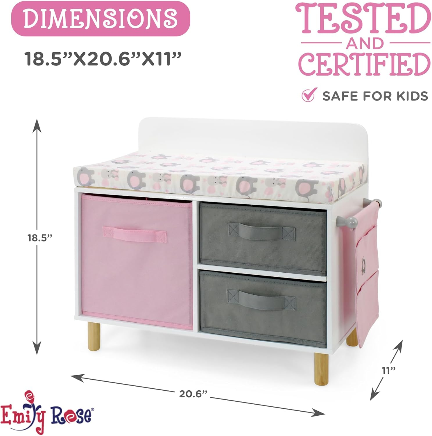 Emily Rose - Toy Baby Doll Crib Set for Little Girls, Changing Table Furniture with Clothes and Accessories Storage and Pockets, for 3+ Year Old Girls, Baby Doll Set and Accessories - White/Pink/Gray