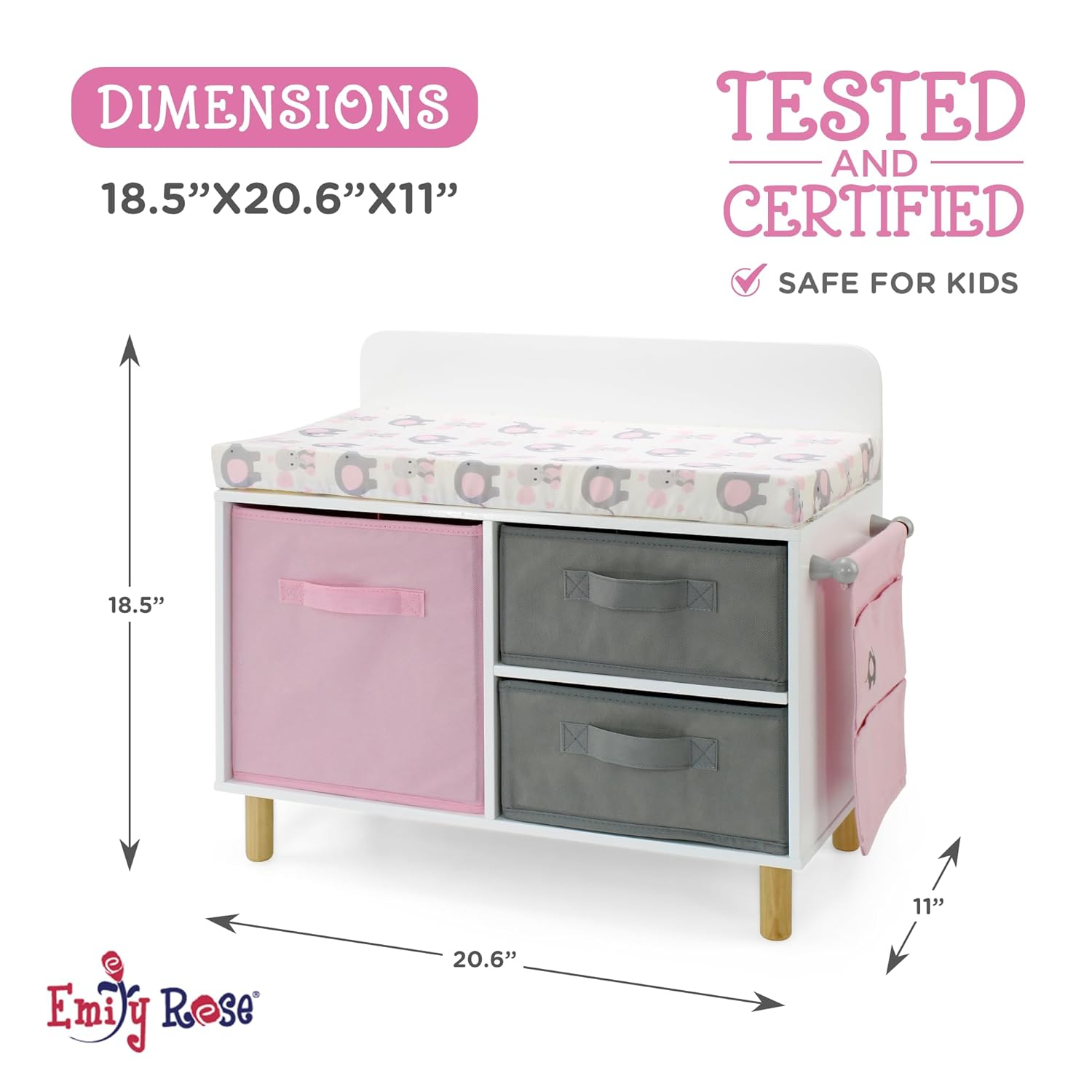 Emily Rose - Toy Baby Doll Crib Set for Little Girls, Changing Table Furniture with Clothes and Accessories Storage and Pockets, for 3+ Year Old Girls, Baby Doll Set and Accessories - White/Pink/Gray