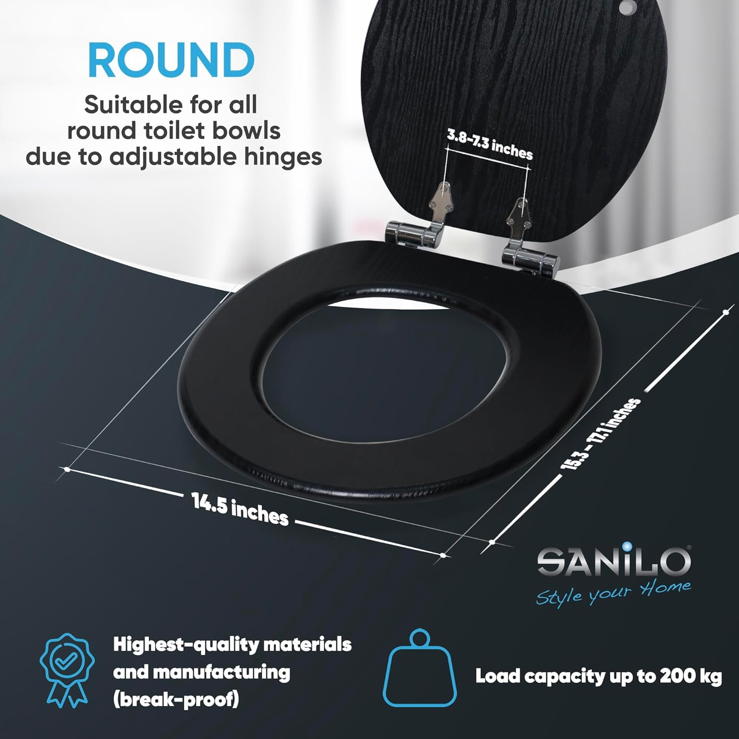 Sanilo Soft Close Toilet Seat ROUND, Quiet and Slow Close Lid and Seat, Strong Bumpers and Hinges, Black Wood