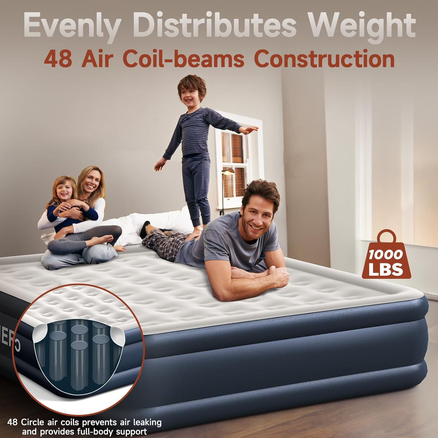 California King Size Navy and White Raised Air Mattress with Built-in Pump