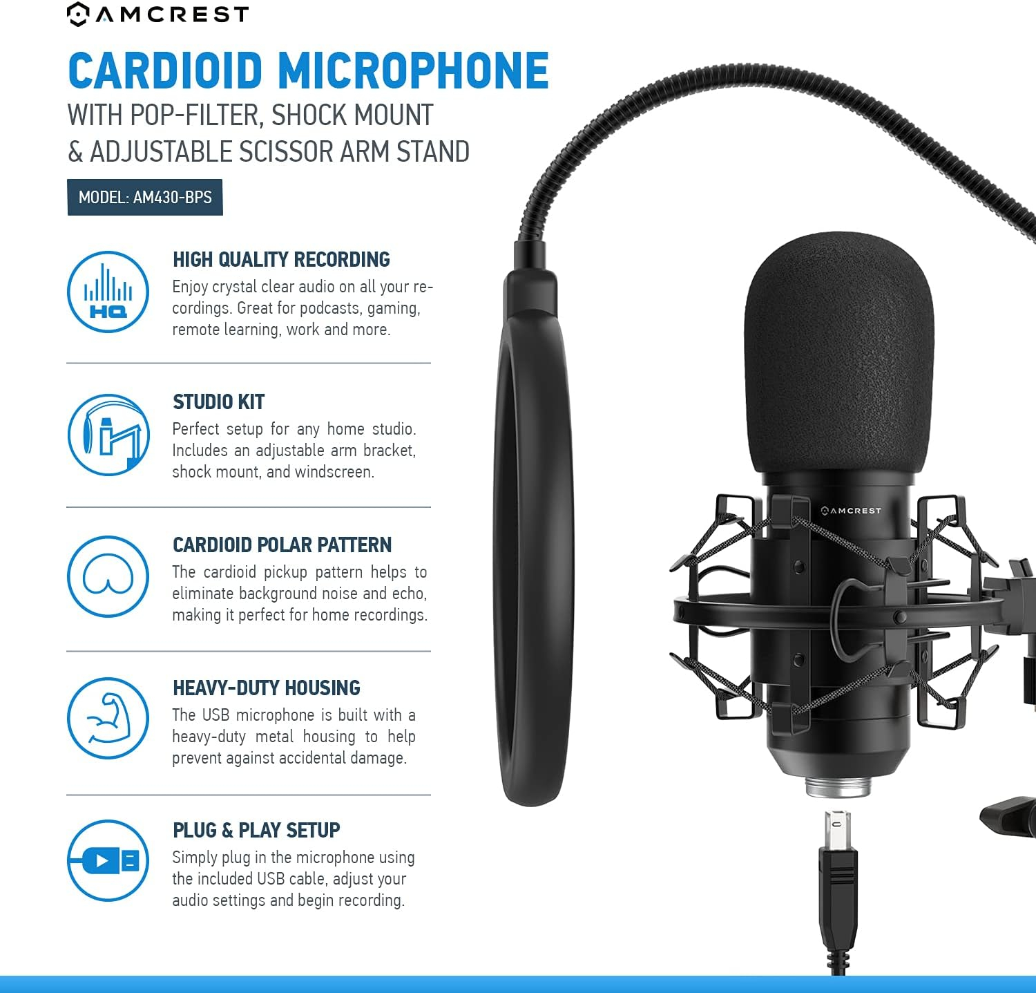 Amcrest USB Microphone for Voice Recordings, Podcasts, Gaming, Online Conferences, Live Streaming, Cardioid Microphone with Boom Arm, Pop-Filter, Shock Mount, AM430-BPS
