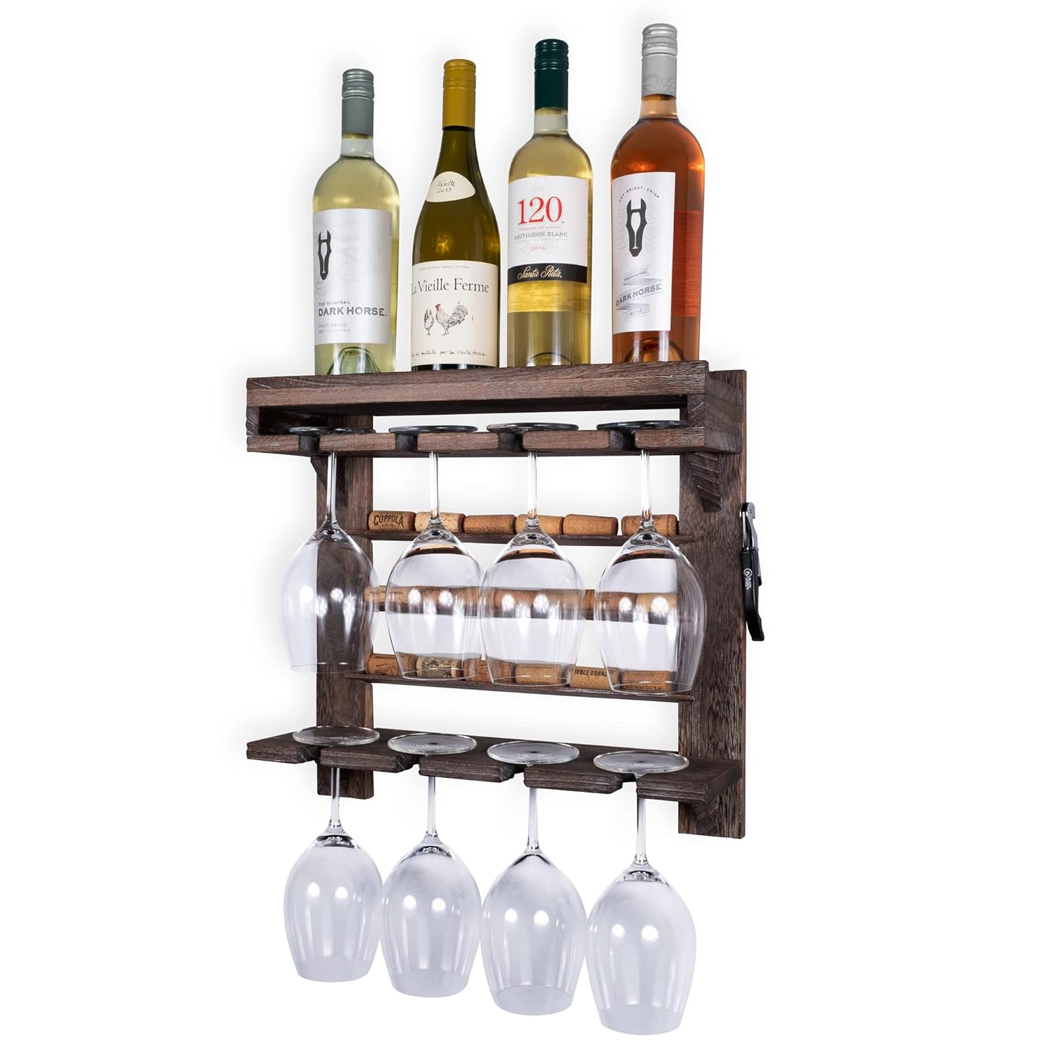 Rustic Dark Wood Wall-Mounted Wine Rack with Stemware Holder