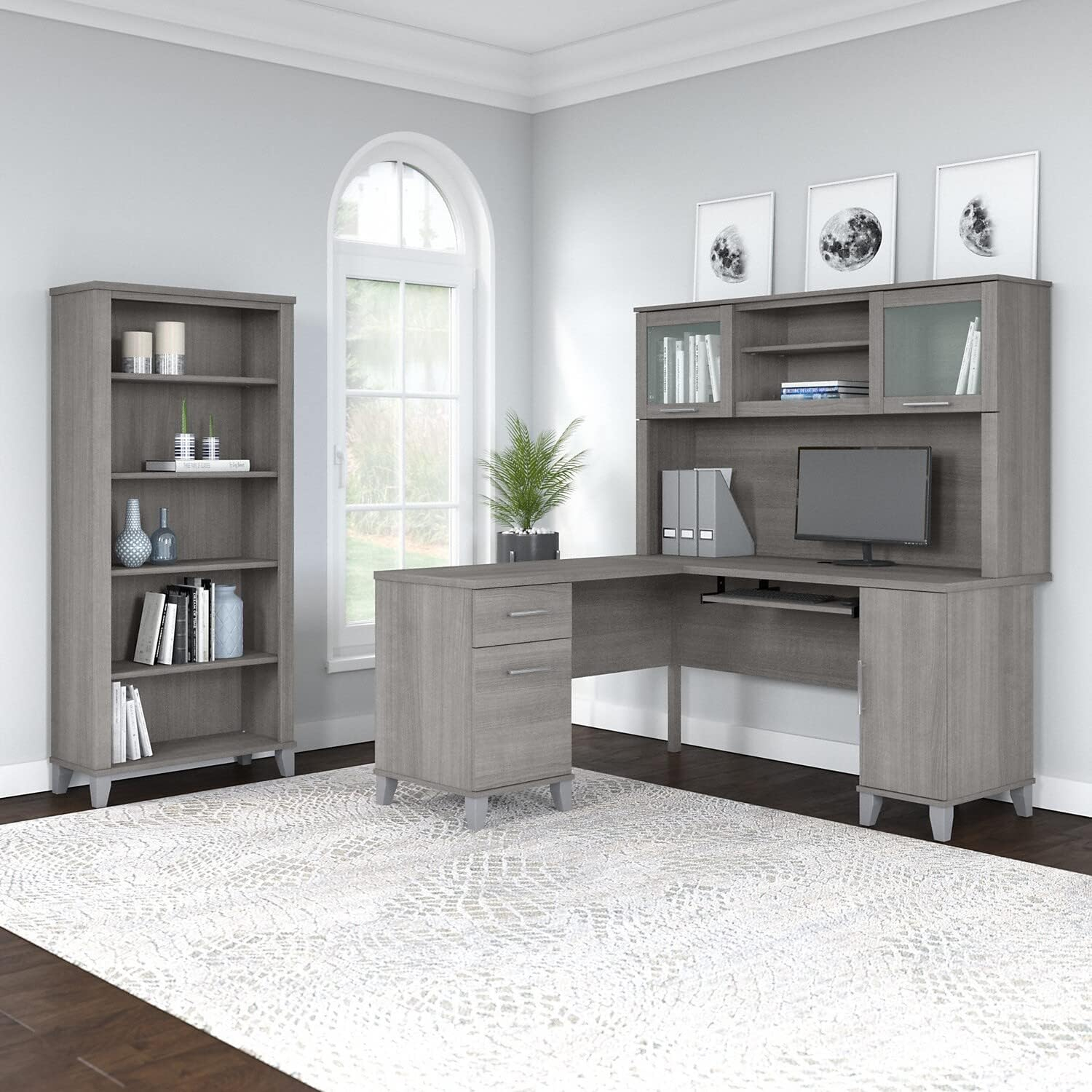 Bush Furniture Somerset 60" L Desk and Hutch with Storage, Ash Gray