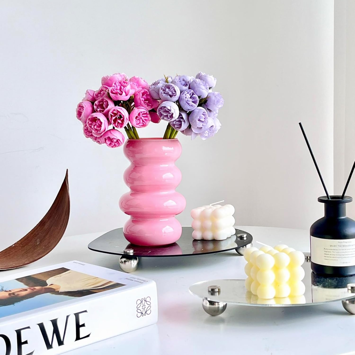 BLOFLO Colored Glass Hydroponic Flower Vase, 7-Inch Pink Glass Vase, Four-Layer Geometric Glass Floral Vase for Home Décor, Modern Bubble Glass Vase for Home Office Wedding Table (Pink)