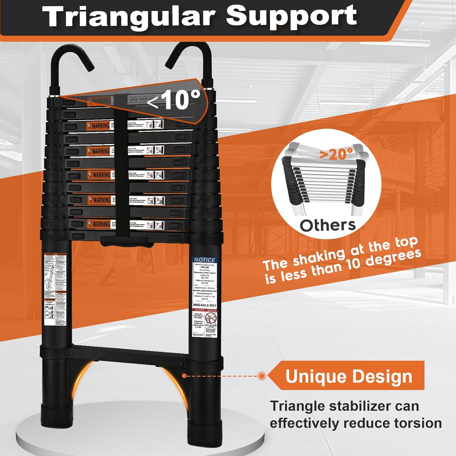Heavy Duty Black Aluminum Telescopic Extension Ladder with Stabilizers