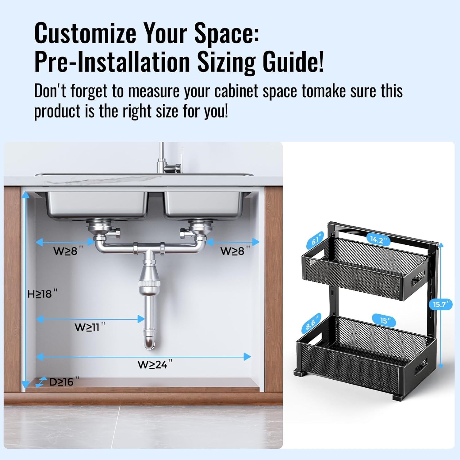 2-Tier Metal Under Sink Organizer, Pull Out Smoothly Under Kitchen Sink Organizer with Track, Large Capacity Heavy Load Under Sink Storage for Kitchen and Bathroom