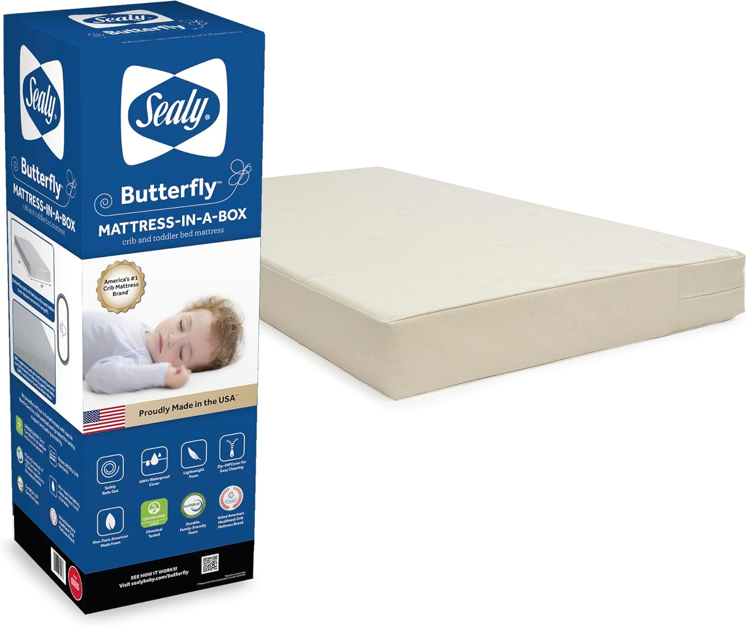 Sealy Baby Butterfly Breathable Waterproof Crib Mattress plus Toddler Bed Fit, Premium Foam, Washable Easy to Clean Cover, GREENGUARD Gold Certified, Safety & Quality Tested, Made in USA, 52"X28"