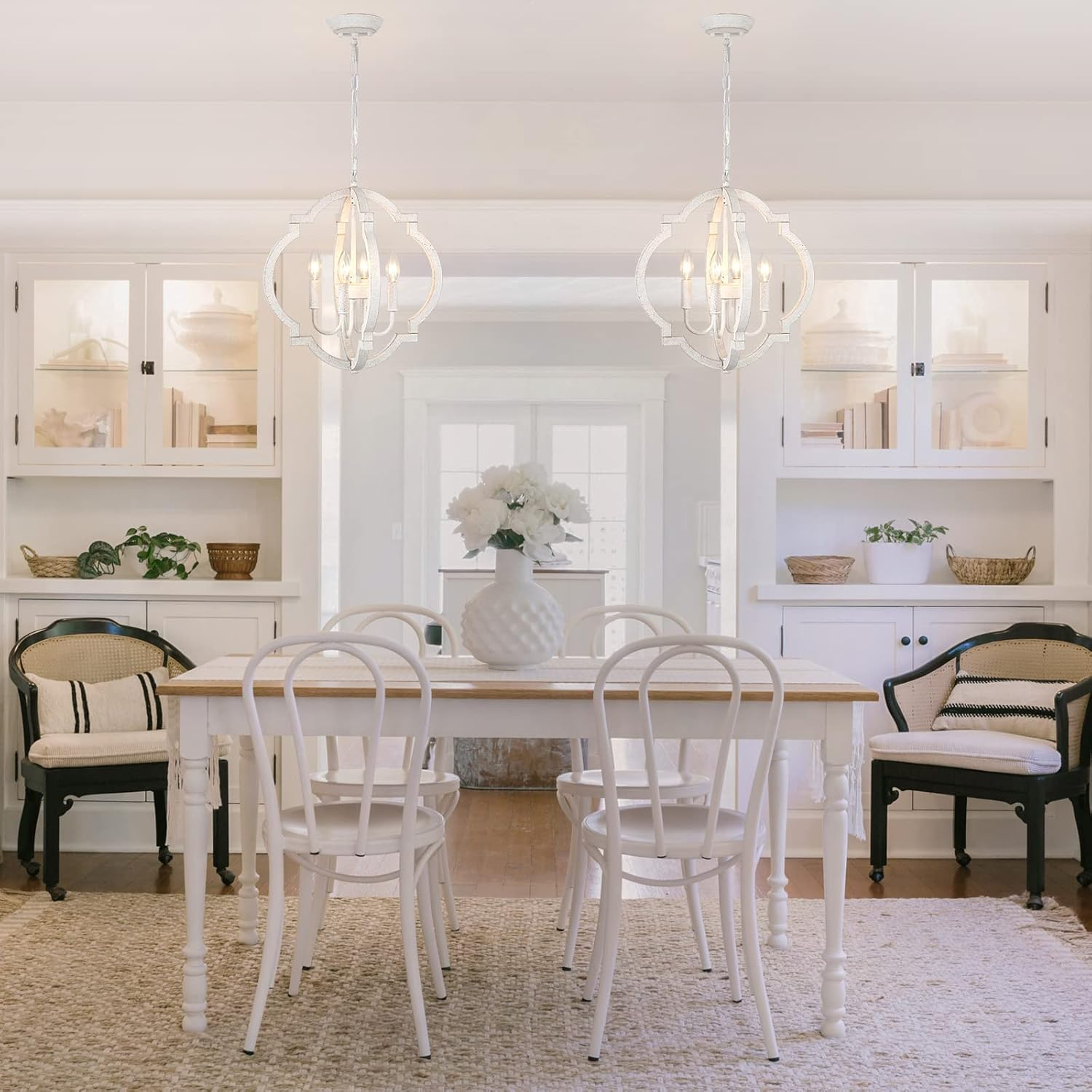 Farmhouse Chandelier Rustic Orb Chandeliers for Dining Room White Wooden Pendant Lighting 4 Light Small French Country Hanging Light Fixtures for Kitchen Island Living Room Bedroom Entryway