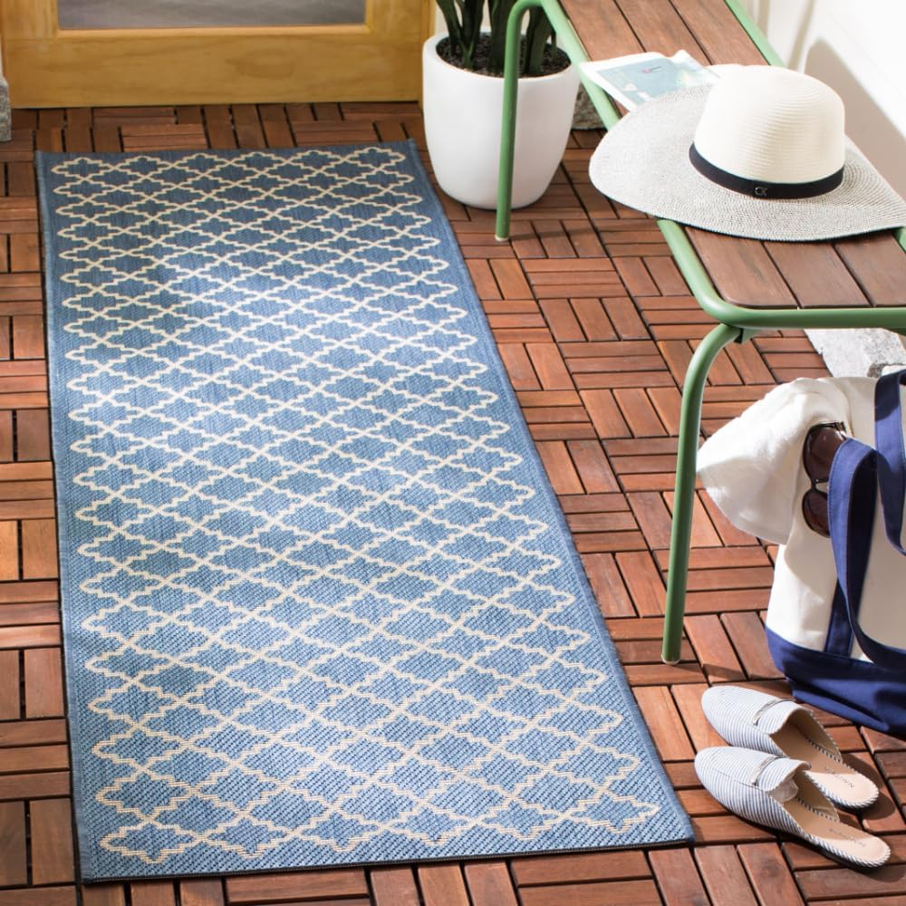 SAFAVIEH Courtyard Hilbert Geometric Indoor/Outdoor Runner Rug, Blue/Beige, 2'3" x 14'