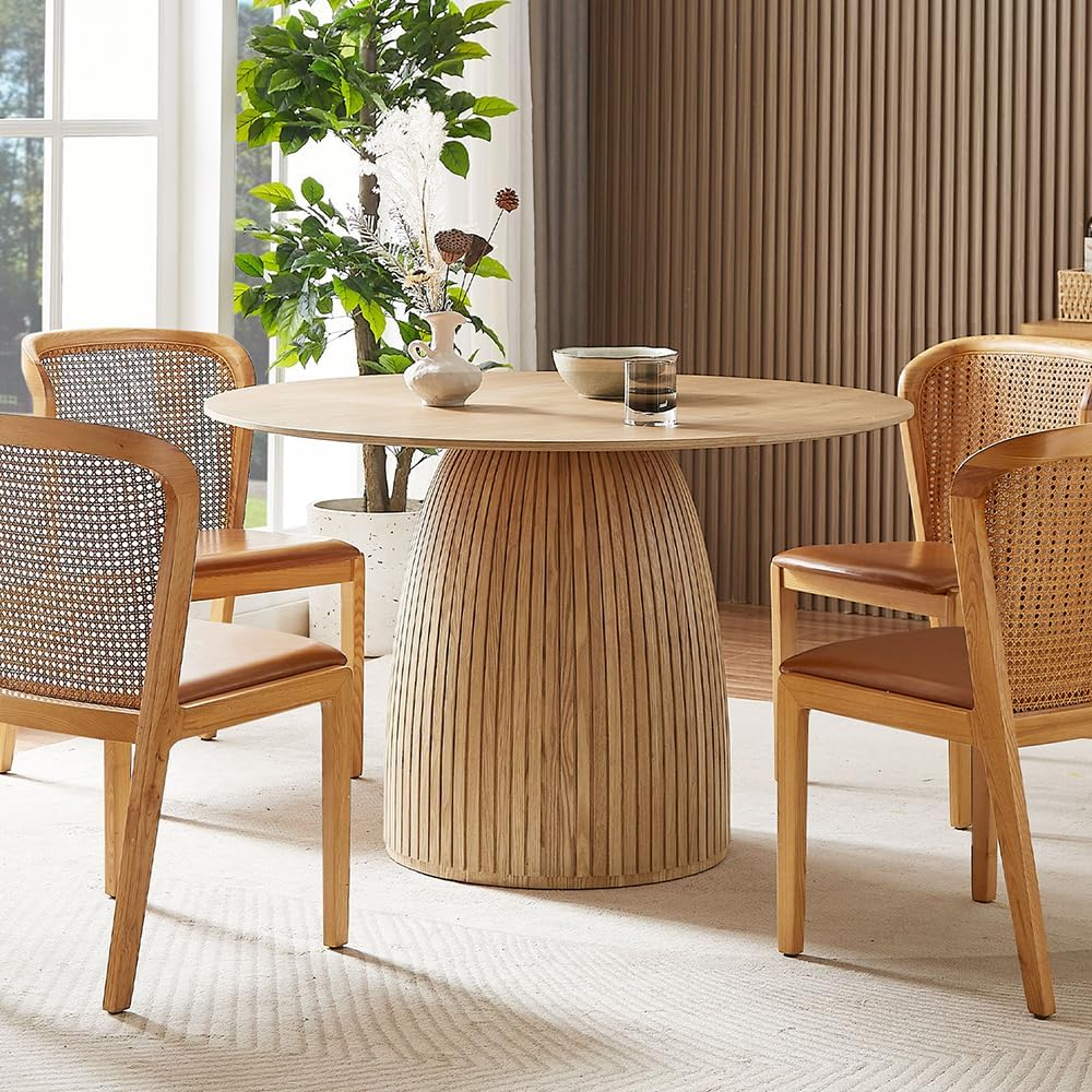 Round Dining Table for 4 to 6, 47.24" Modern Wood Kitchen Table Mid Century Circular Tabletop Curved Base Restaurant Furniture for Dining Room Kitchen Leisure Coffee Table, Oak