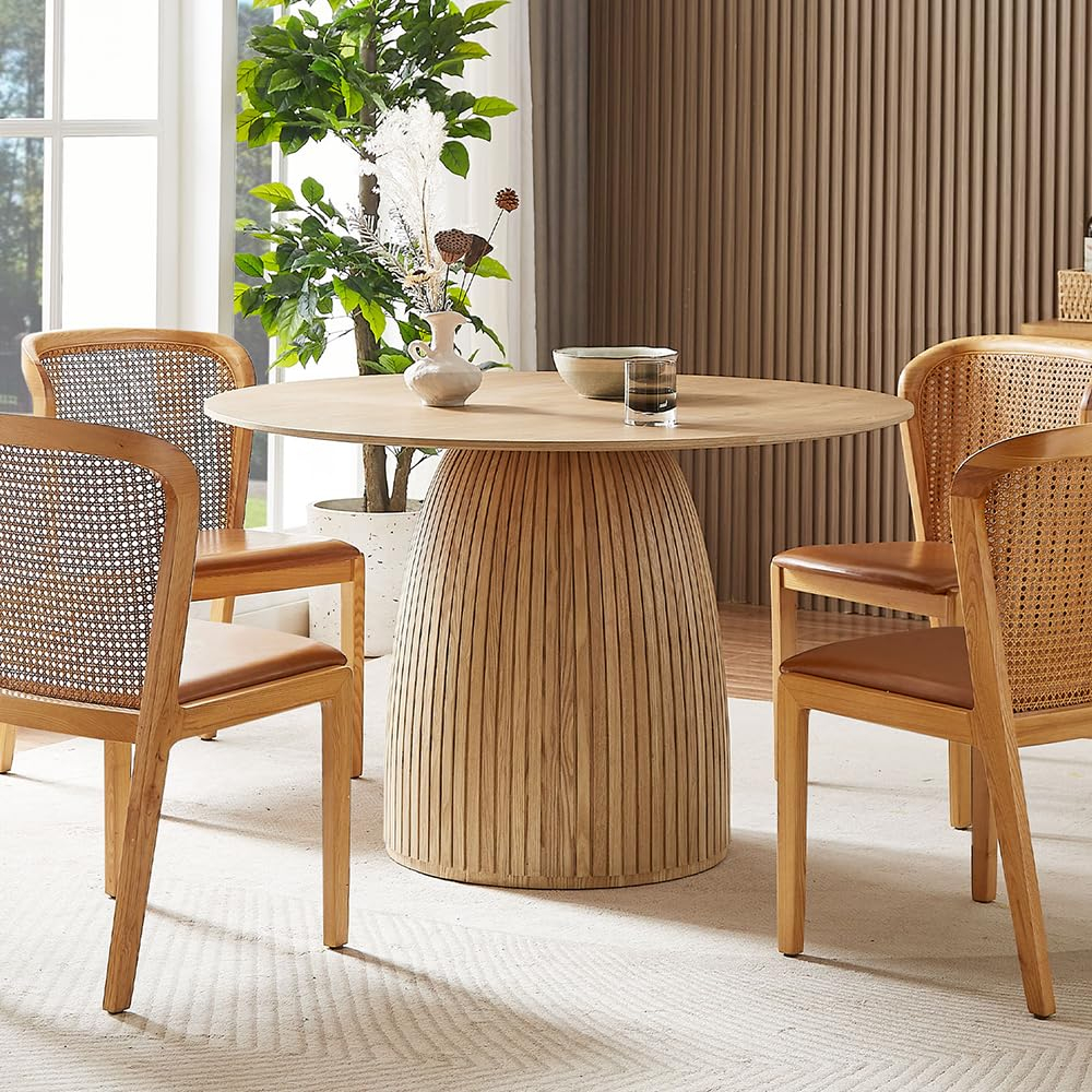 Round Dining Table for 4 to 6, 47.24" Modern Wood Kitchen Table Mid Century Circular Tabletop Curved Base Restaurant Furniture for Dining Room Kitchen Leisure Coffee Table, Oak
