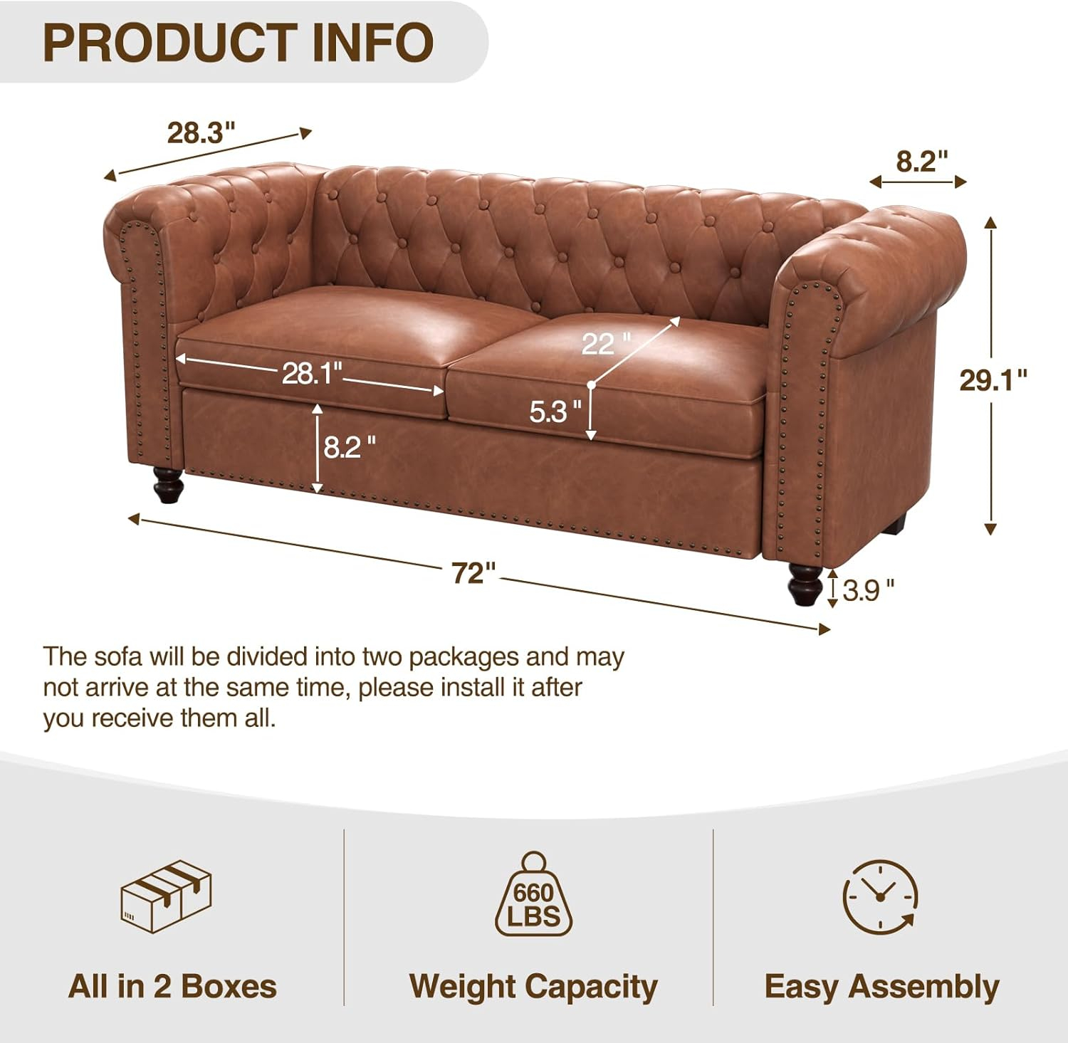 72 Inch Brown Couch, Chesterfield Faux Leather Sofa with Wooden Legs, Vintage Tufted Sofa with Rolled Arms, Mid Century Modern Couch with Rivets for Living Room, Apartment, Office