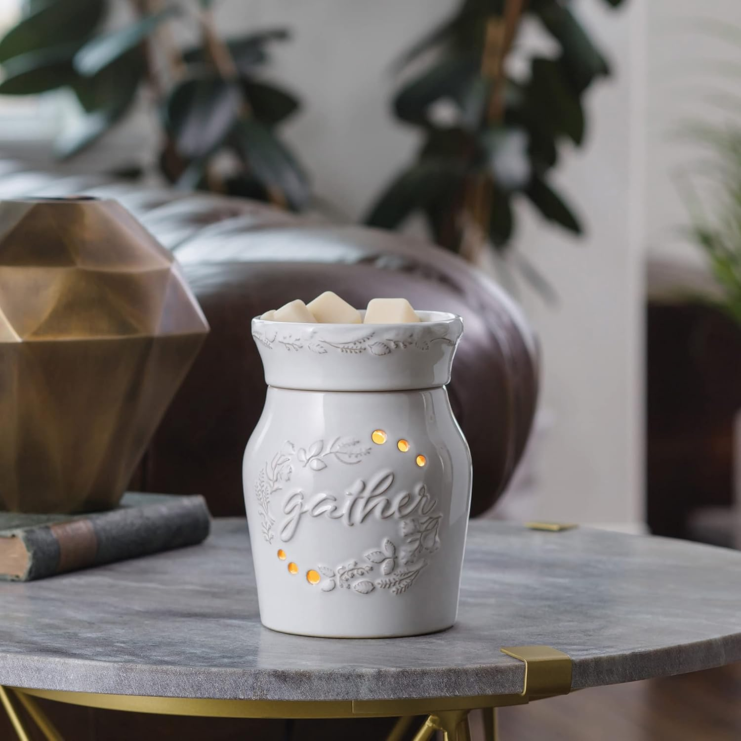 White Ceramic Botanical Fragrance Warmer with Gather Motif