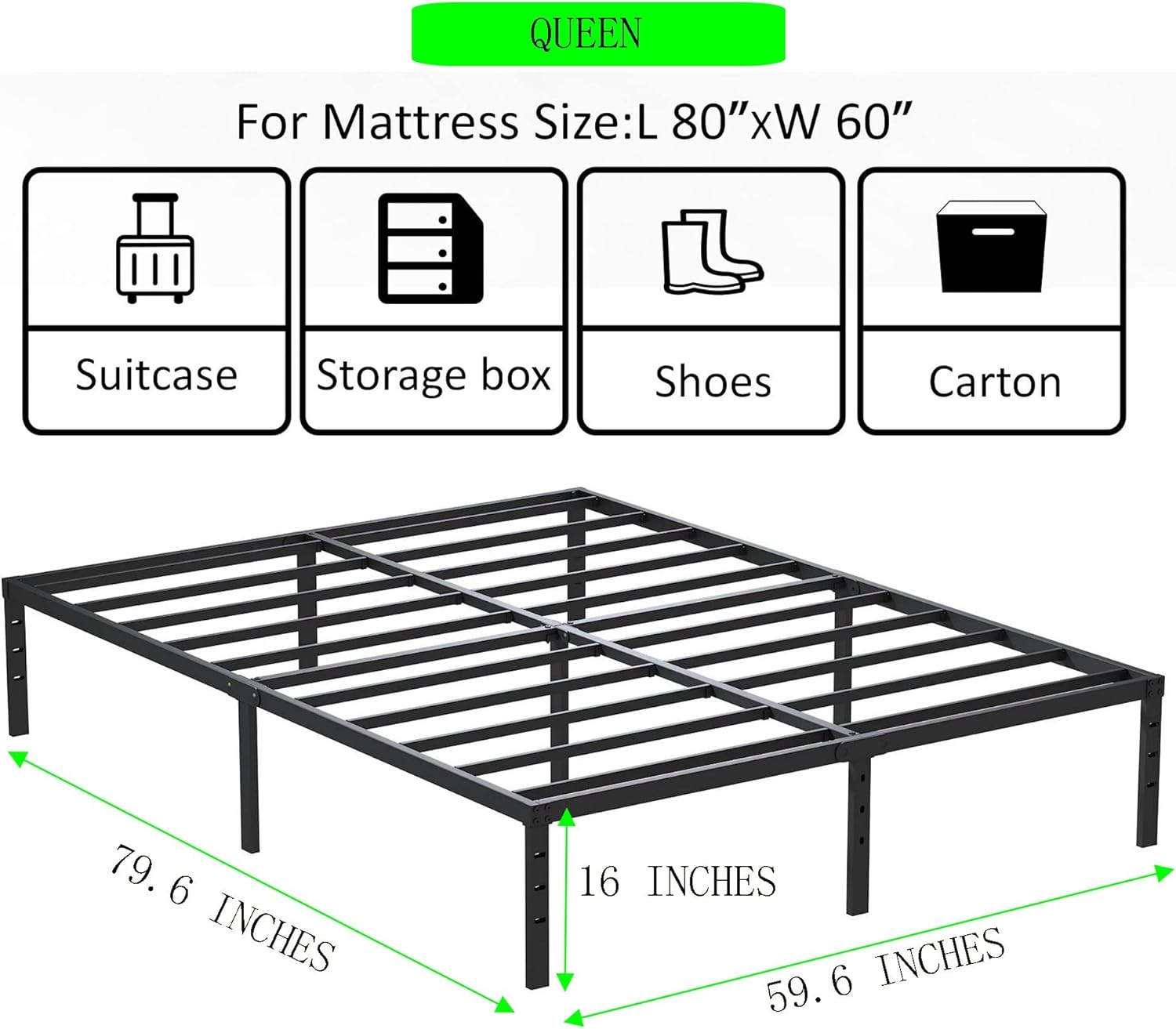 ALDRICH Metal Bed Frame Queen Size - 16 Inch Tall Black Basic Steel Slats Platform, Easy Assembly Heavy Duty Noise Free Bedframes, No Box Spring Needed