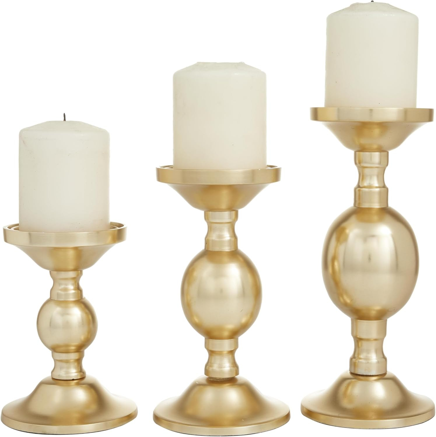 Deco 79 Aluminum Metal Decorative Candle Holder Pillar Candle Stand, Set of 3 Candlestick Holder 10", 8", 6"H, Gold