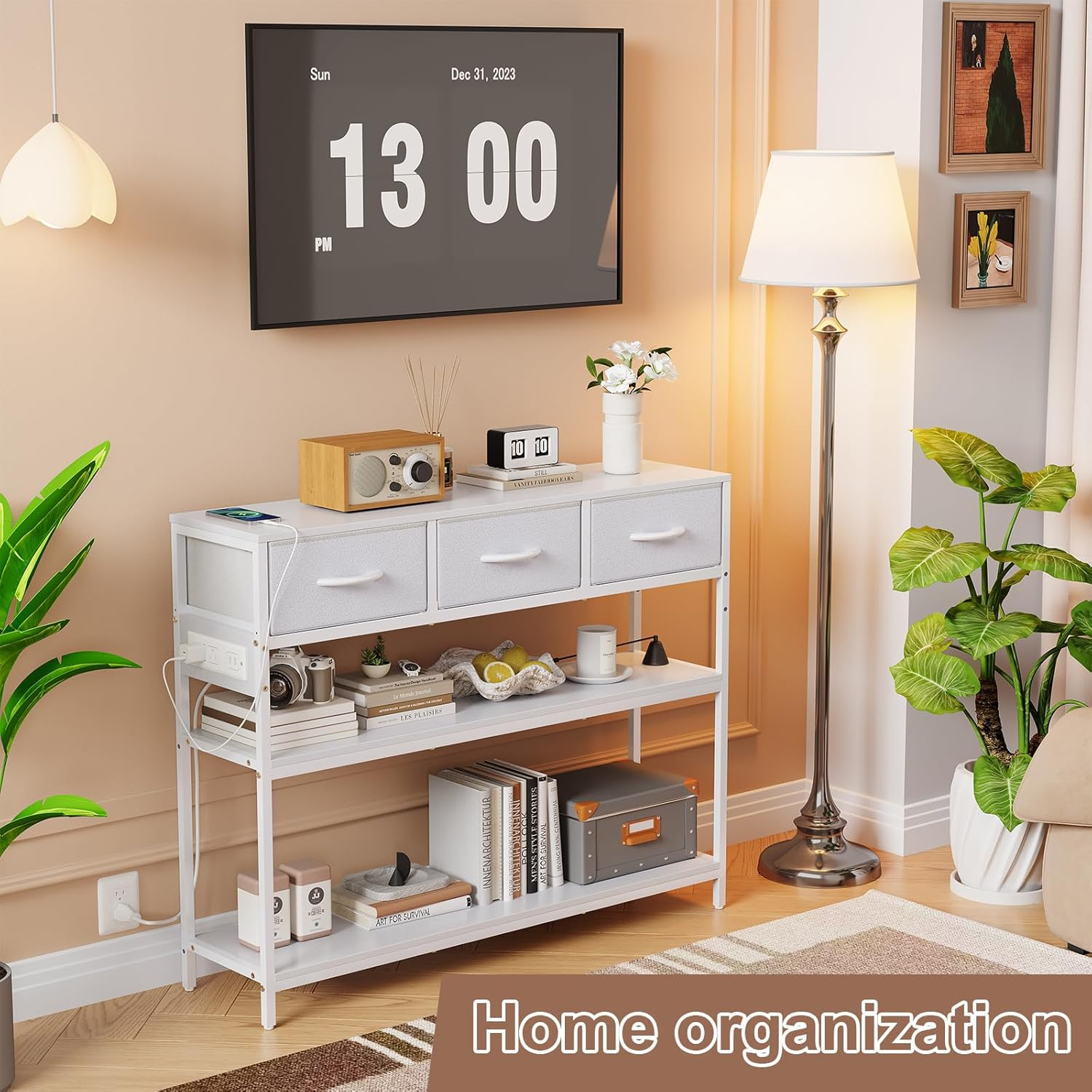 39.5 inch Entryway Table with Power Outlets, Console Table Sofa Table with 3 Drawers and 2-Tier Shelves, Entry Table for Hallway, Foyer, Living Room, White