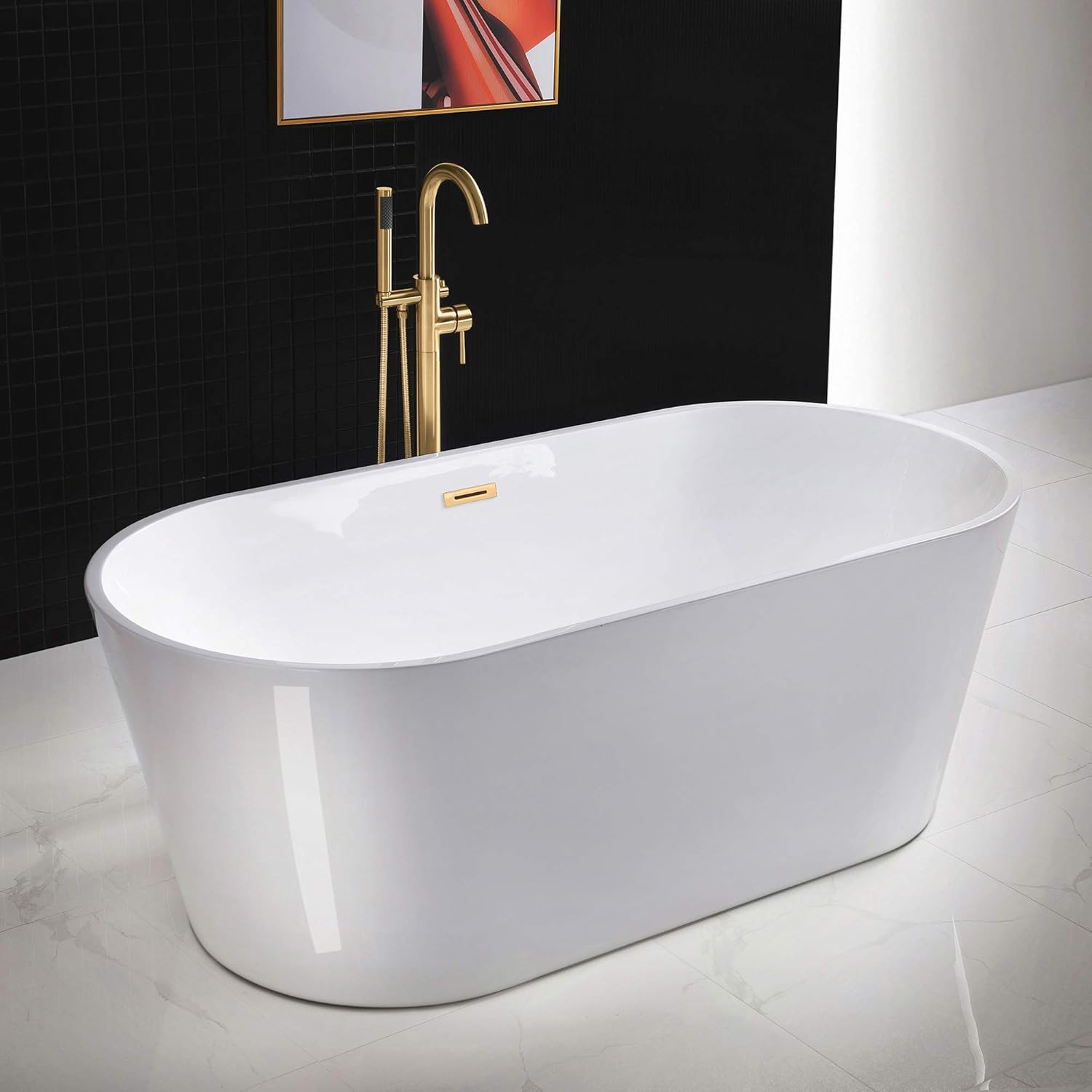 WOODBRIDGE 67" Acrylic Freestanding Bathtub Contemporary Soaking White Tub with Brushed Gold Overflow and Drain，B0013-BG