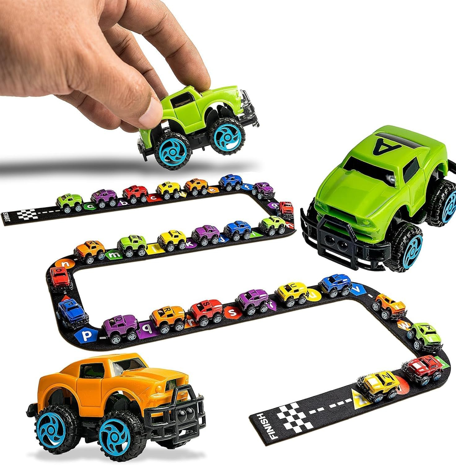 Skoolzy AlphaTracks Alphabet Race Car Track 41-Piece Set with Flexible Felt Racing Tracks ABC Montessori Toys Preschool Activities Includes Letters & Numbers for Kids Recognition Skills Includes eBook