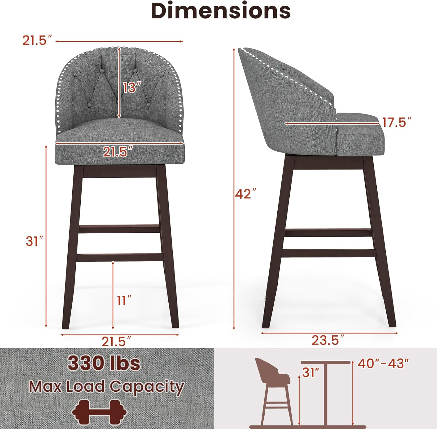 Gray Tufted Swivel Bar Stools with Rubber Wood Legs