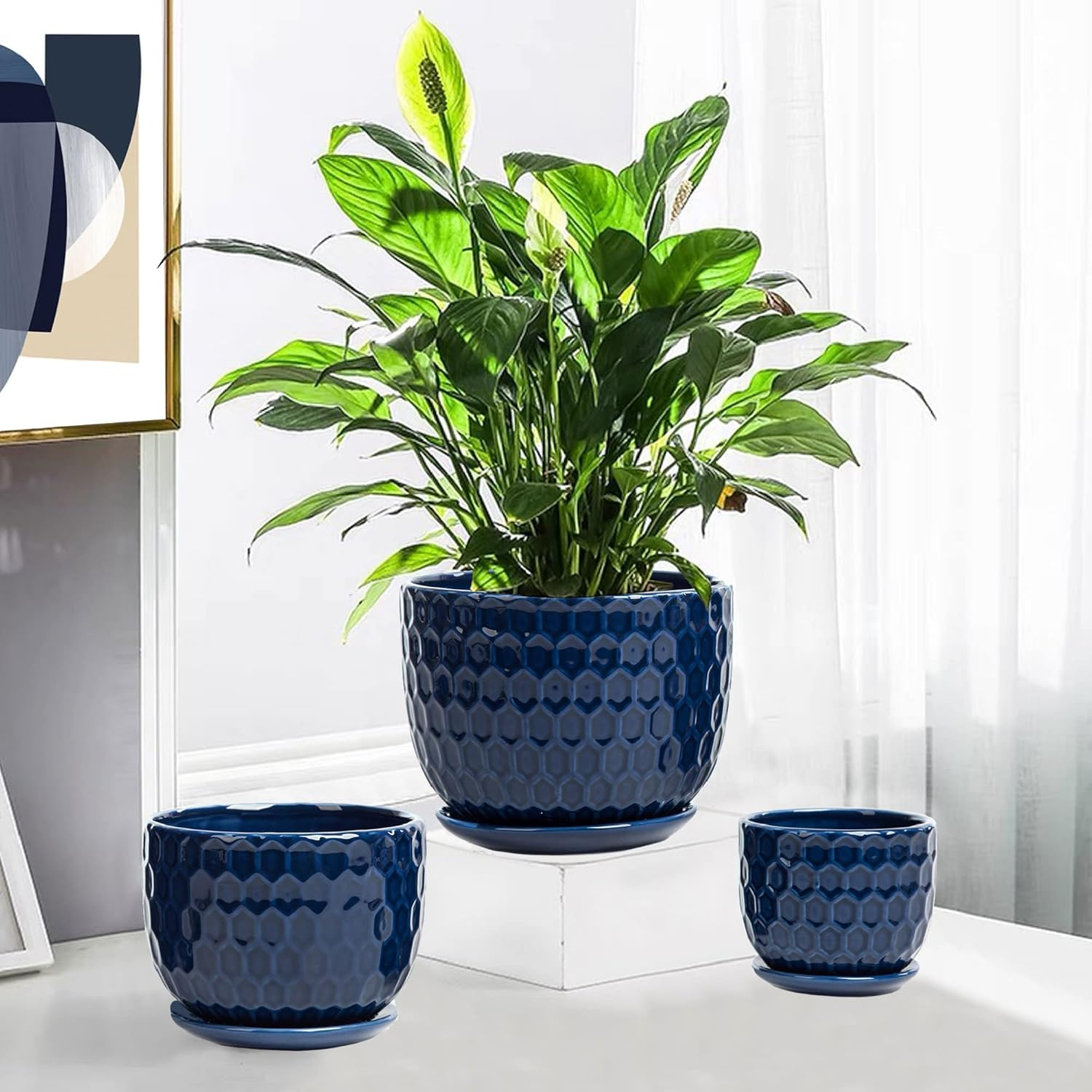 Ceramic Flower Pots with Drainage Hole and Saucer, North European Style Round Indoor Succulent Planters with Honeycomb Inspired Texture Design, Small to Medium-Sized, Set of 3, Navy Blue