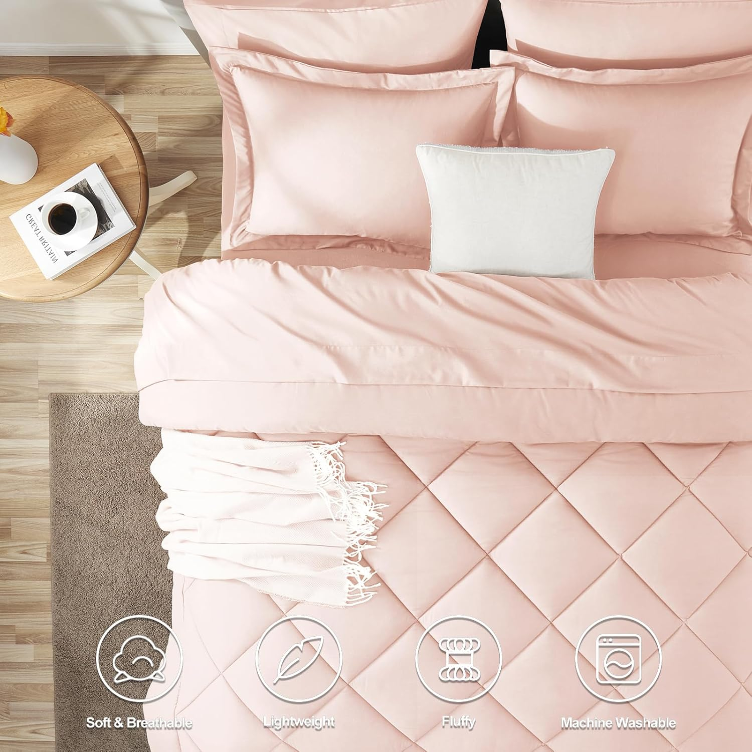 CozyLux Pink Comforter Set Queen - 7 Pieces Bed in a Bag Toddler Girls Comforter Set Teen Girl Bedding Sets with All Season Quilted Comforter, Flat Sheet, Fitted Sheet, Pillowcases, Blush Pink