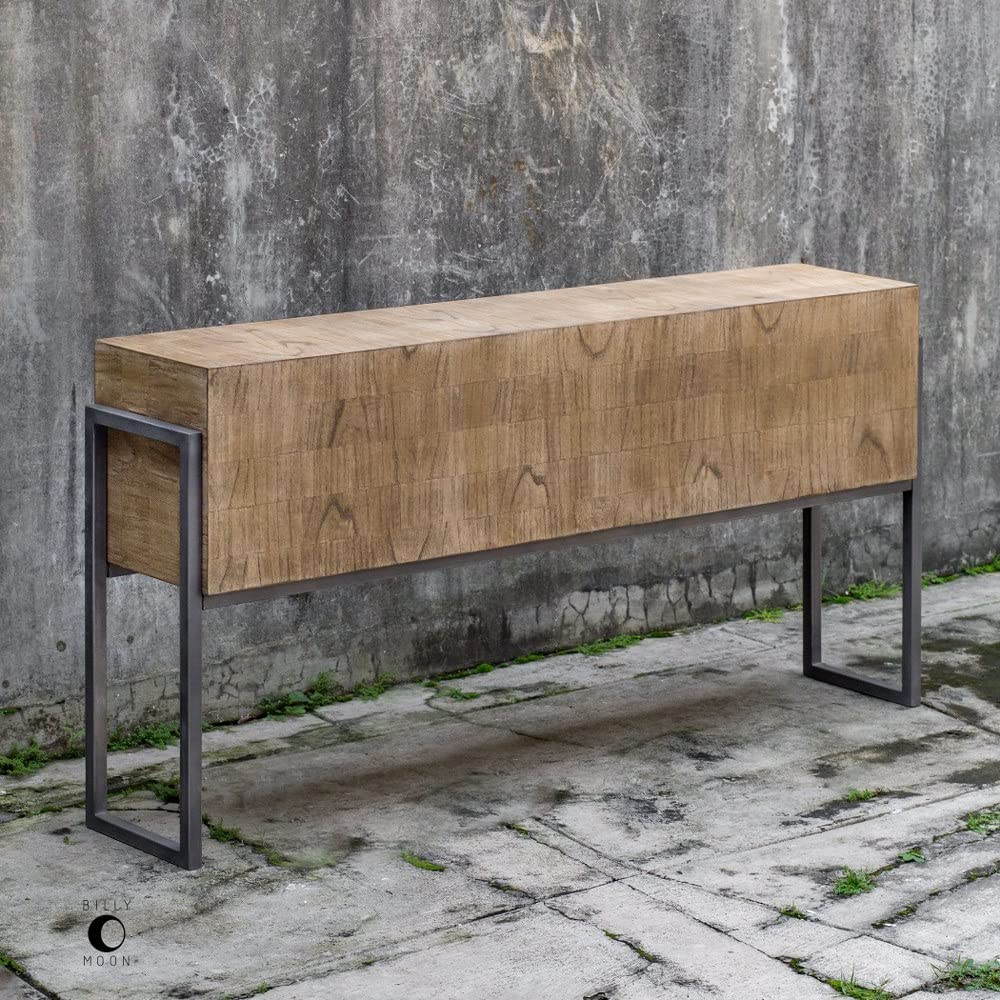 Uttermost Farmhouse Rustic Light Oatmeal Wood Rectangular Console Table 60" x 12" Brown Aged Iron Legs for Living Room Bedroom