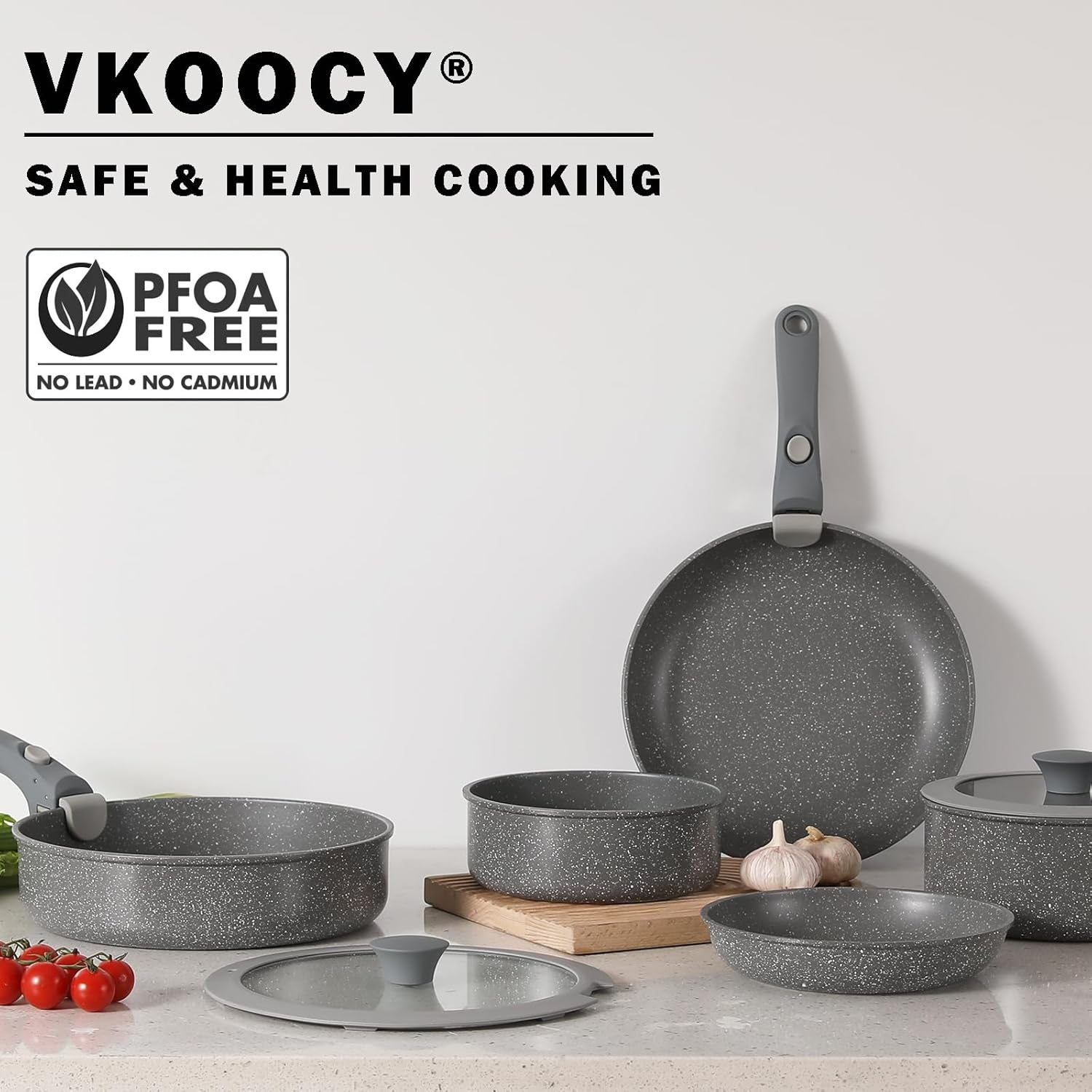 Vkoocy 9 Piece Nonstick Ceramic Cookware Set Pots and Pans Set with Removable Handle Detachable Handle Grey