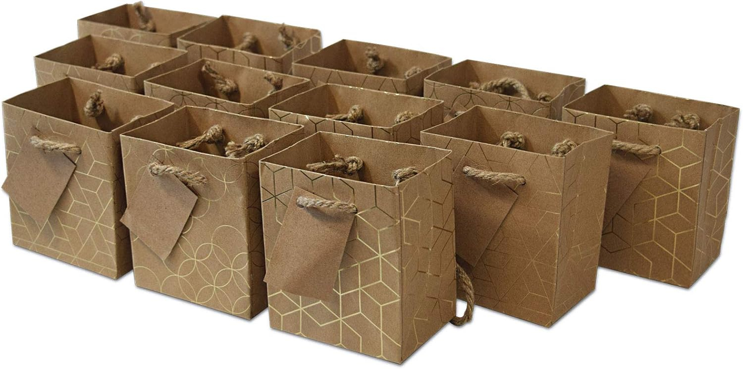 OccasionALL Mini Gift Bags with Handles, Brown Gold Paper Tote for Christmas, Holidays, Cards, Weddings, Birthdays, Shopping, Bulk, 4x2.75x4.5 12 Pack