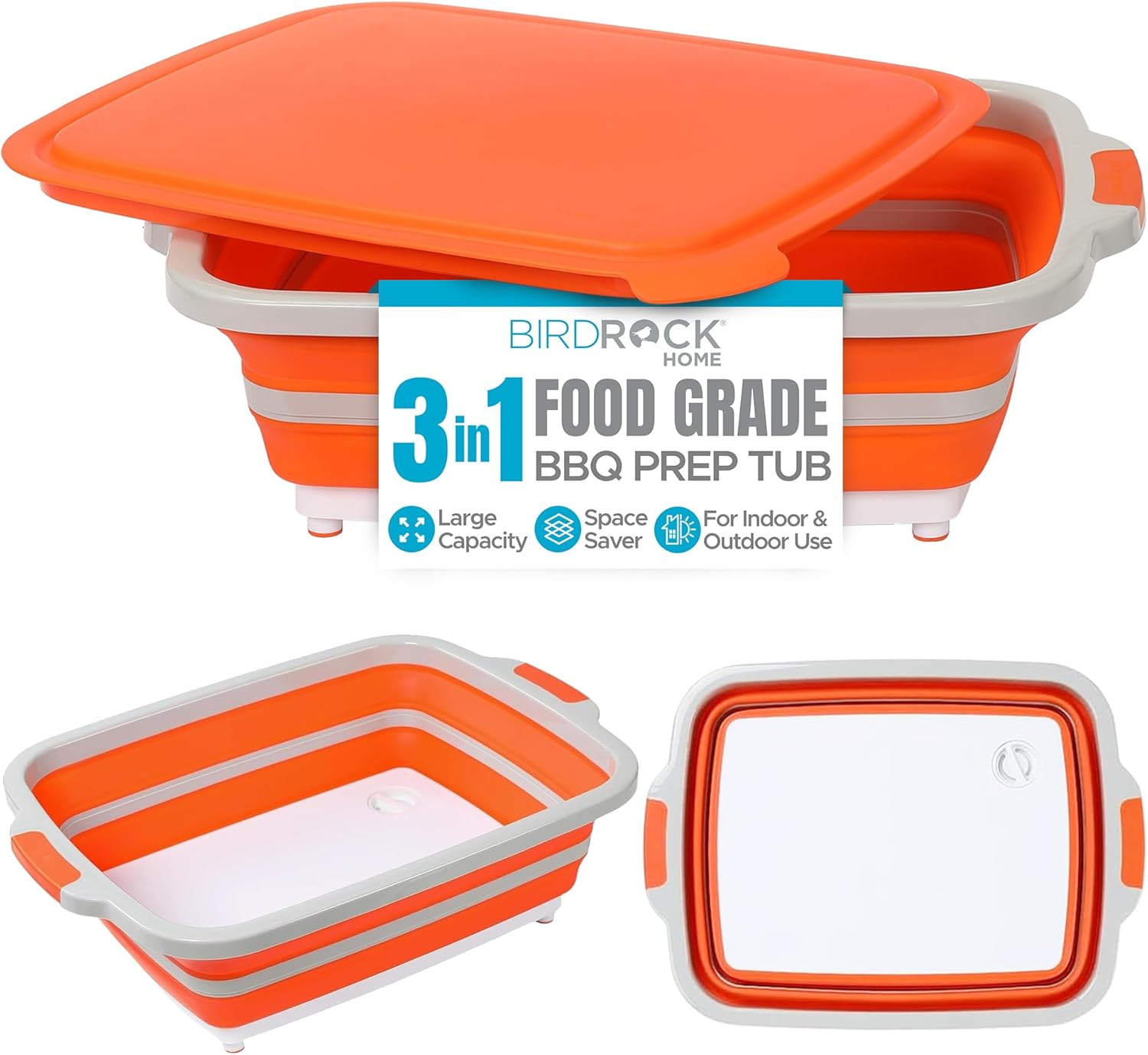 Large BBQ prep tub, Collapsible Cutting Board, food prep and Grill Caddy Tub with Colander & Lid, Silicone Dish Bowl for Backyard, Lawn, Picnic, Camping